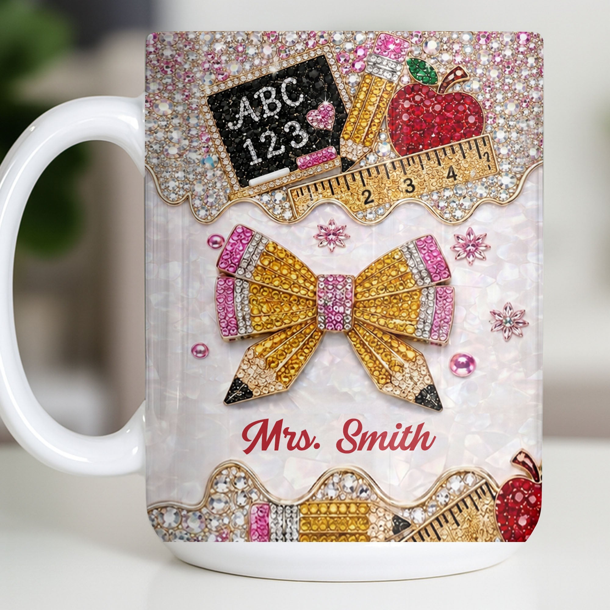 Personalized Teacher Coffee Mug Custom Name Rhinestone Bow Gift Edge-to-edge Mug GradoCreations