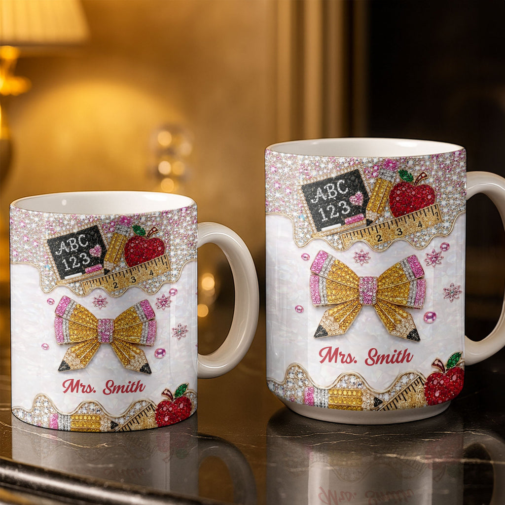 Personalized Teacher Coffee Mug Custom Name Rhinestone Bow Gift Edge-to-edge Mug GradoCreations