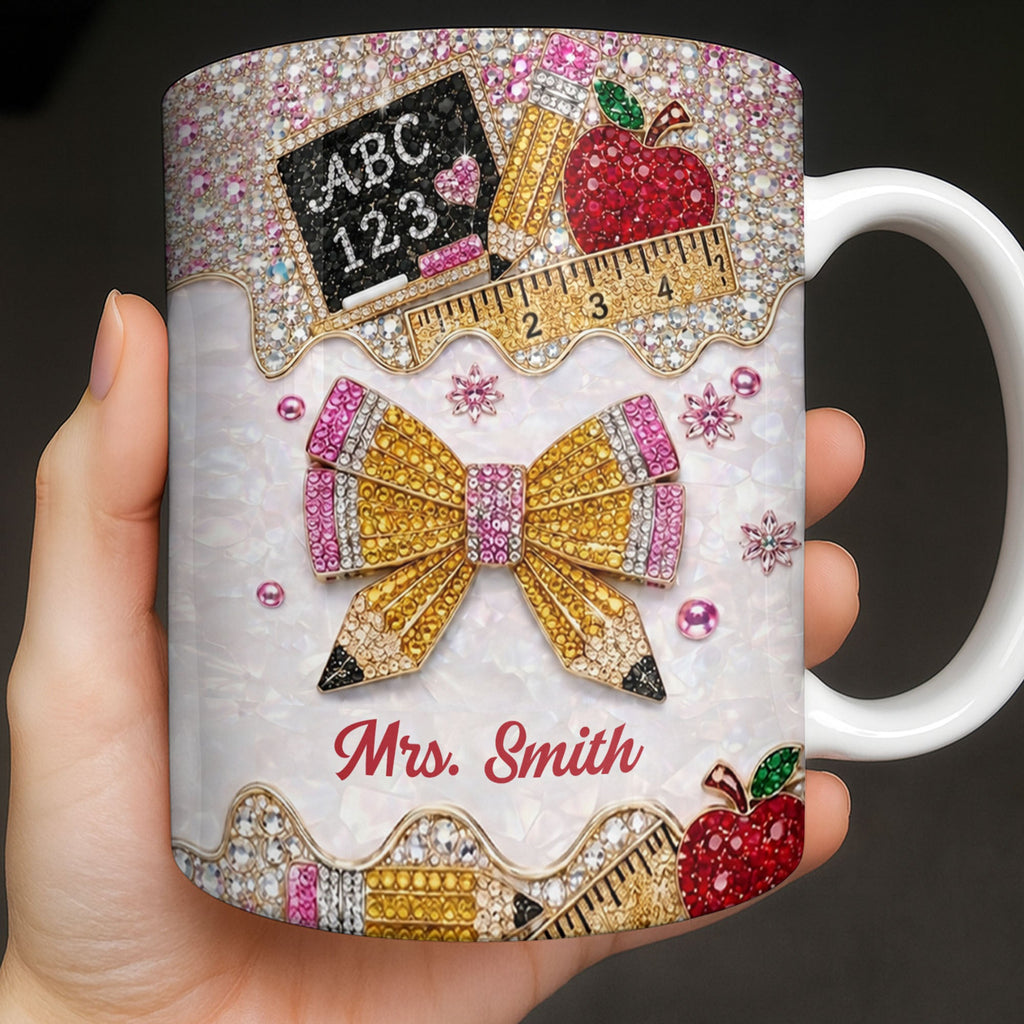 Personalized Teacher Coffee Mug Custom Name Rhinestone Bow Gift Edge-to-edge Mug GradoCreations