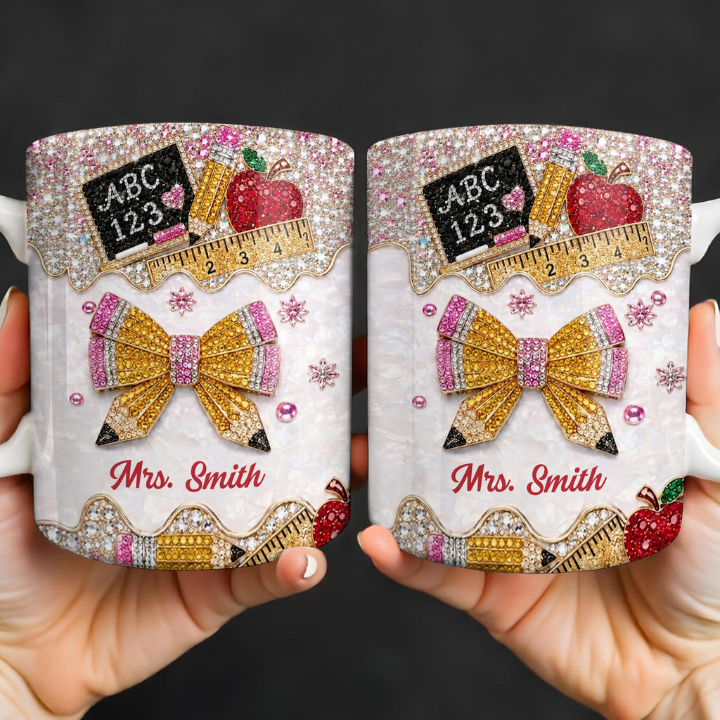 Personalized Teacher Coffee Mug Custom Name Rhinestone Bow Gift Edge-to-edge Mug GradoCreations