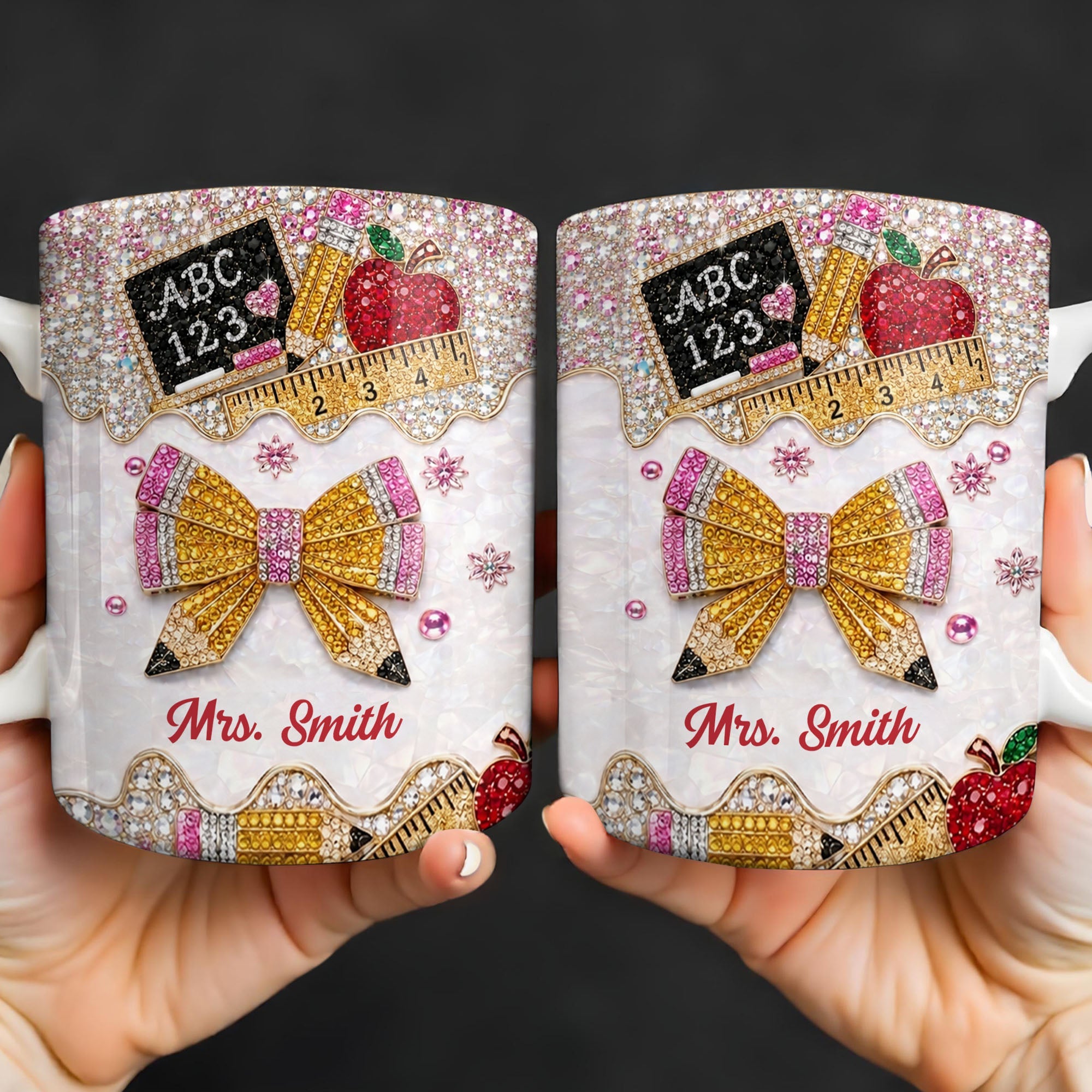 Personalized Teacher Coffee Mug Custom Name Rhinestone Bow Gift Edge-to-edge Mug GradoCreations