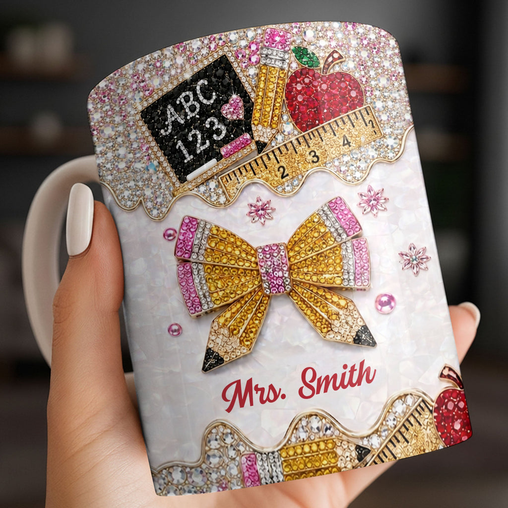 Personalized Teacher Coffee Mug Custom Name Rhinestone Bow Gift Edge-to-edge Mug GradoCreations