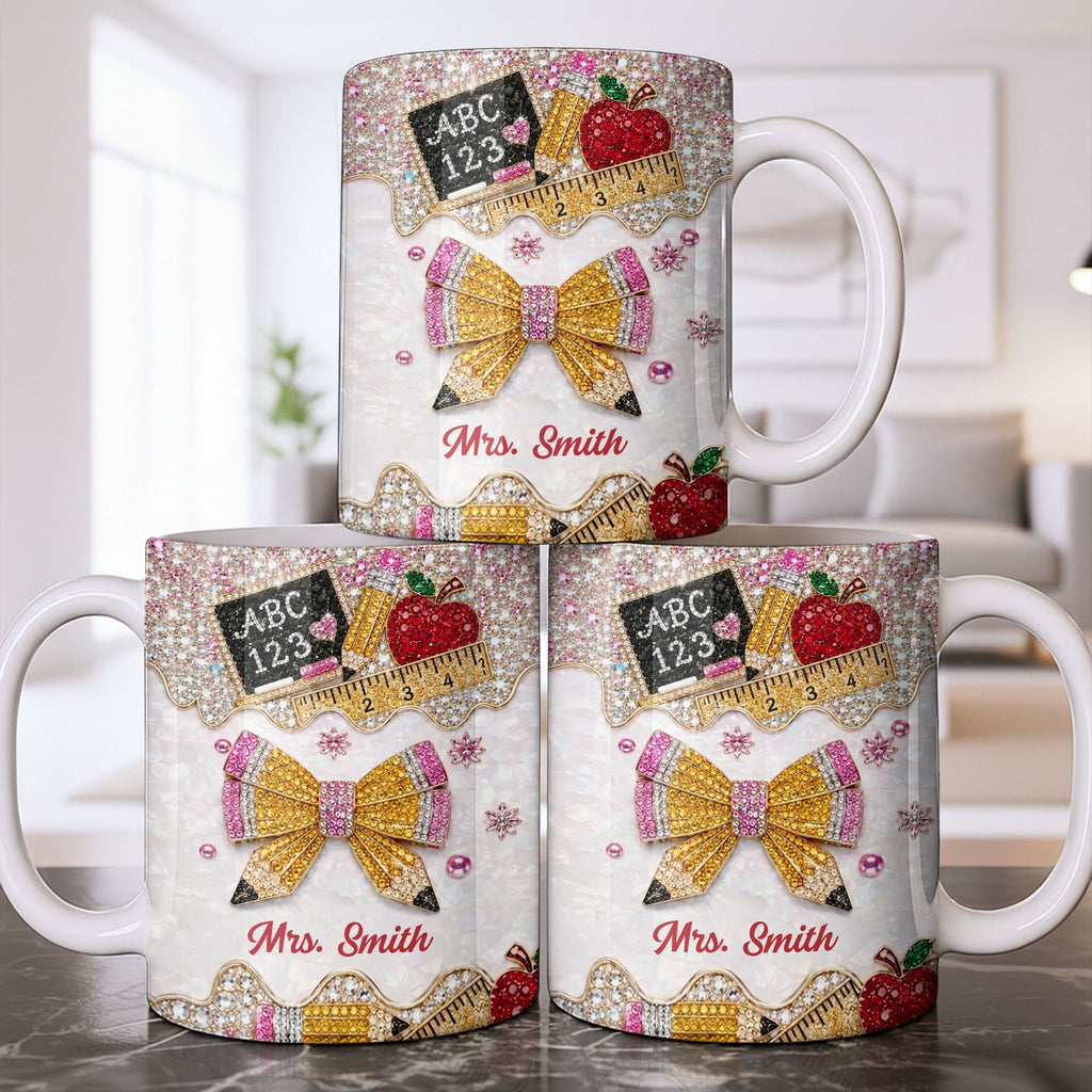 Personalized Teacher Coffee Mug Custom Name Rhinestone Bow Gift Edge-to-edge Mug GradoCreations