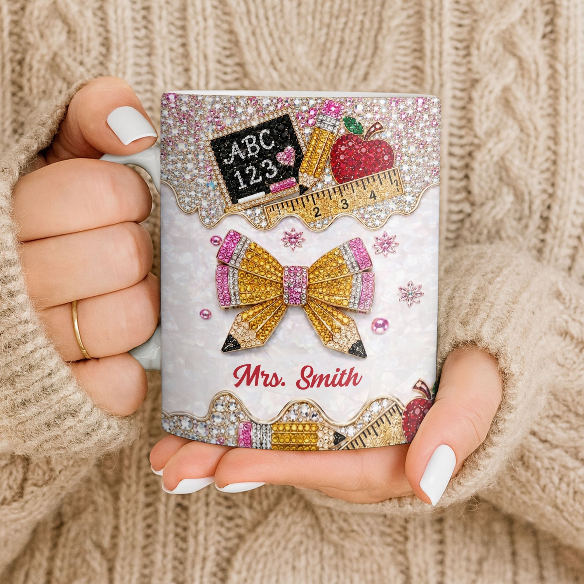 Personalized Teacher Coffee Mug Custom Name Rhinestone Bow Gift Edge-to-edge Mug GradoCreations