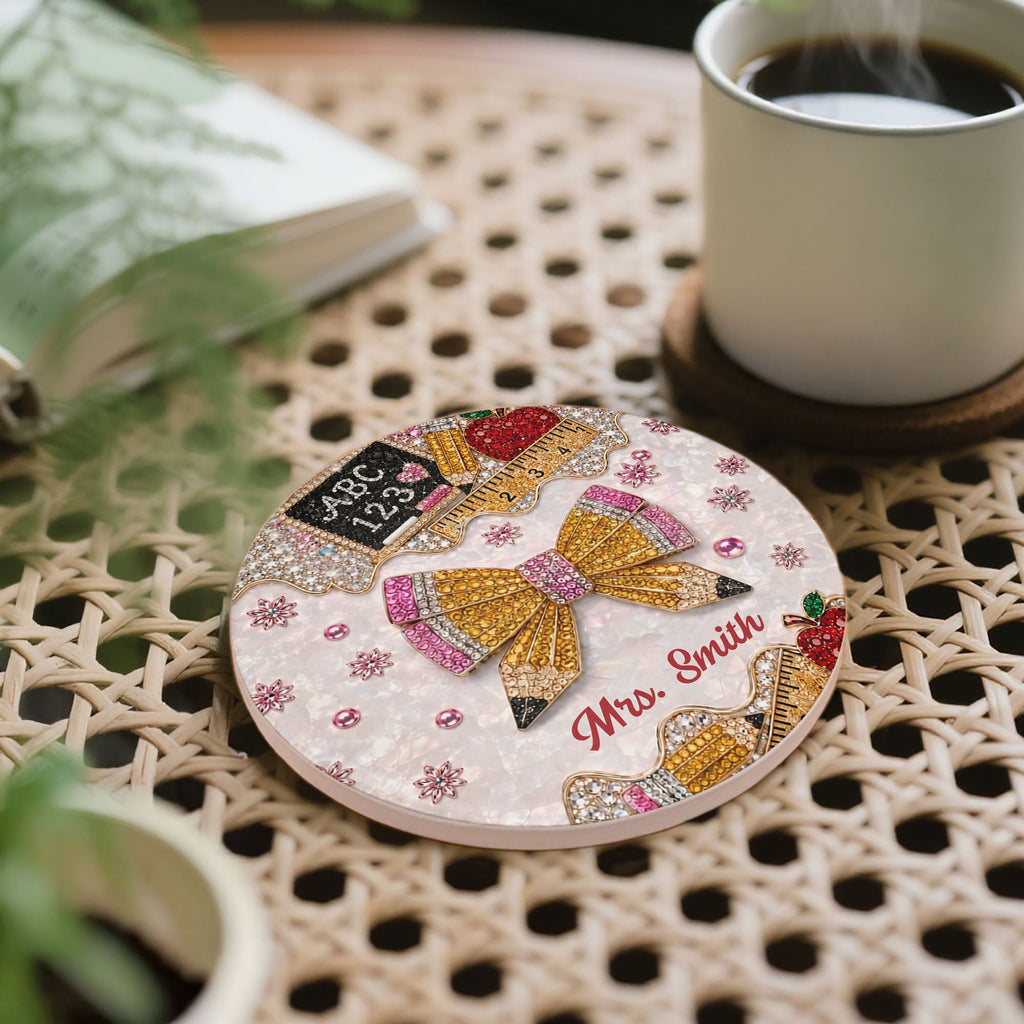 Personalized 3D Rhinestone Teacher Coaster Custom Name Gift Ceramic Coaster GradoCreations