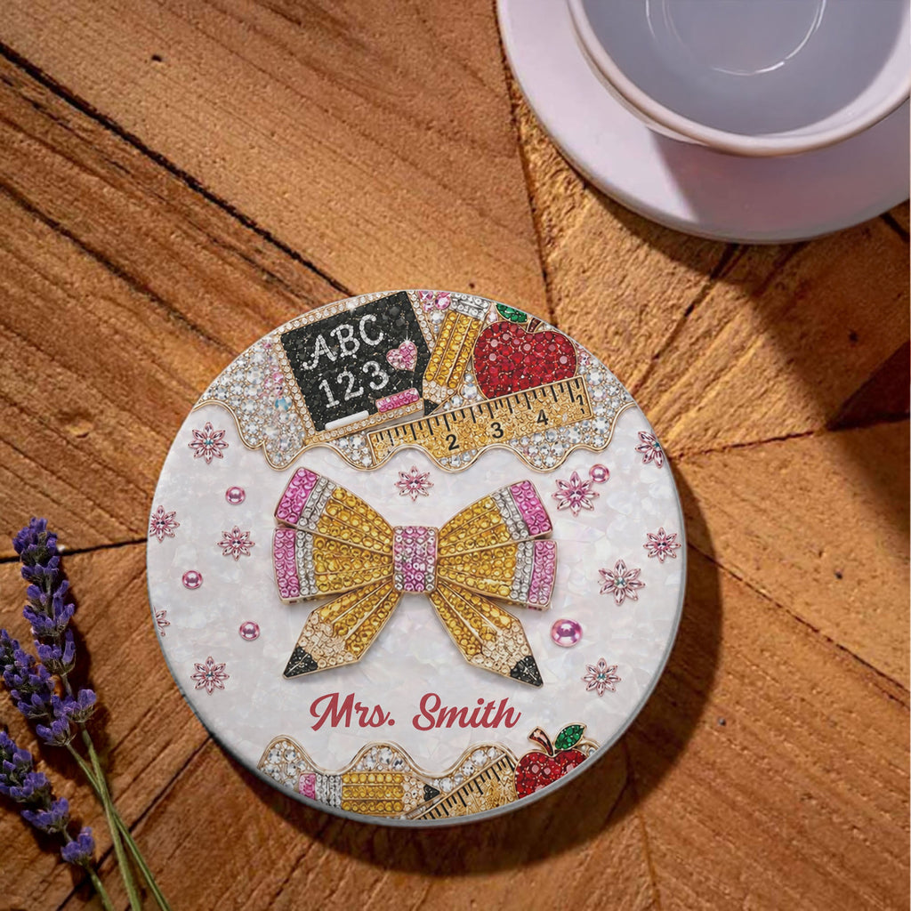Personalized 3D Rhinestone Teacher Coaster Custom Name Gift Ceramic Coaster GradoCreations