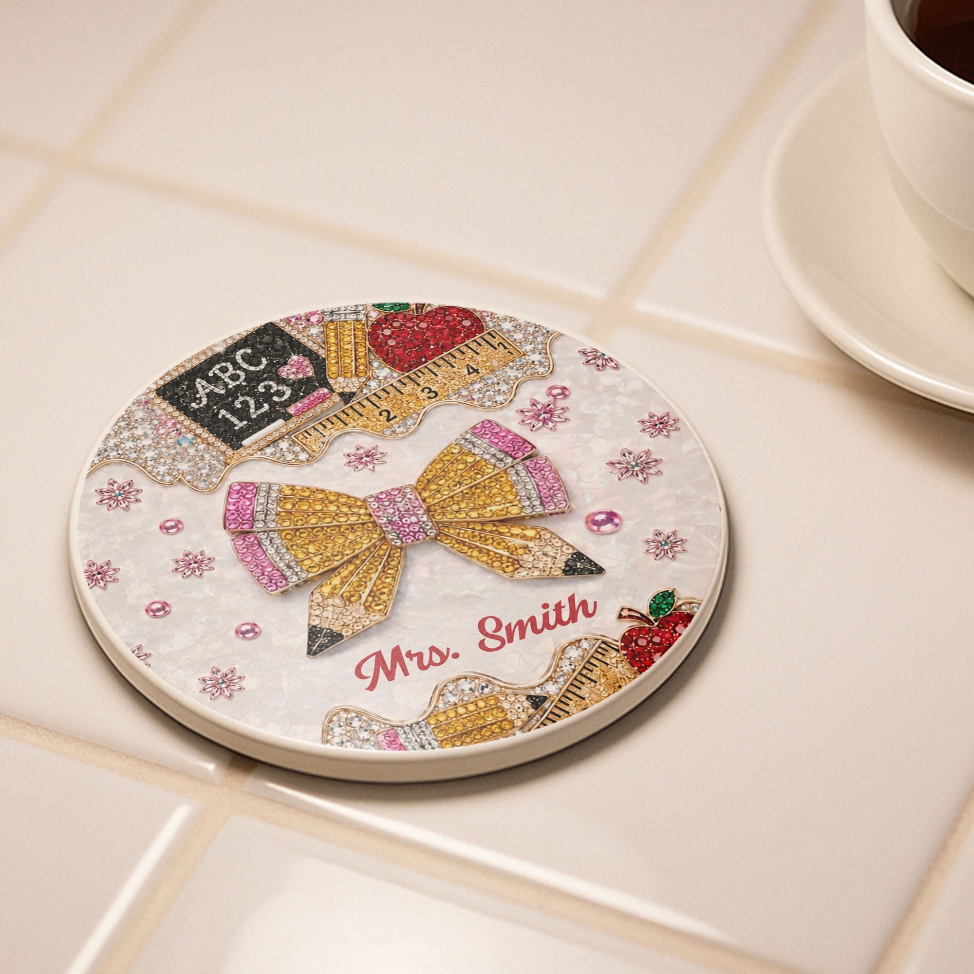 Personalized 3D Rhinestone Teacher Coaster Custom Name Gift Ceramic Coaster GradoCreations