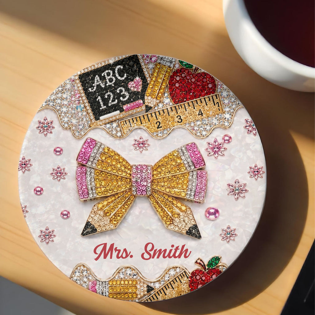 Personalized 3D Rhinestone Teacher Coaster Custom Name Gift Ceramic Coaster GradoCreations