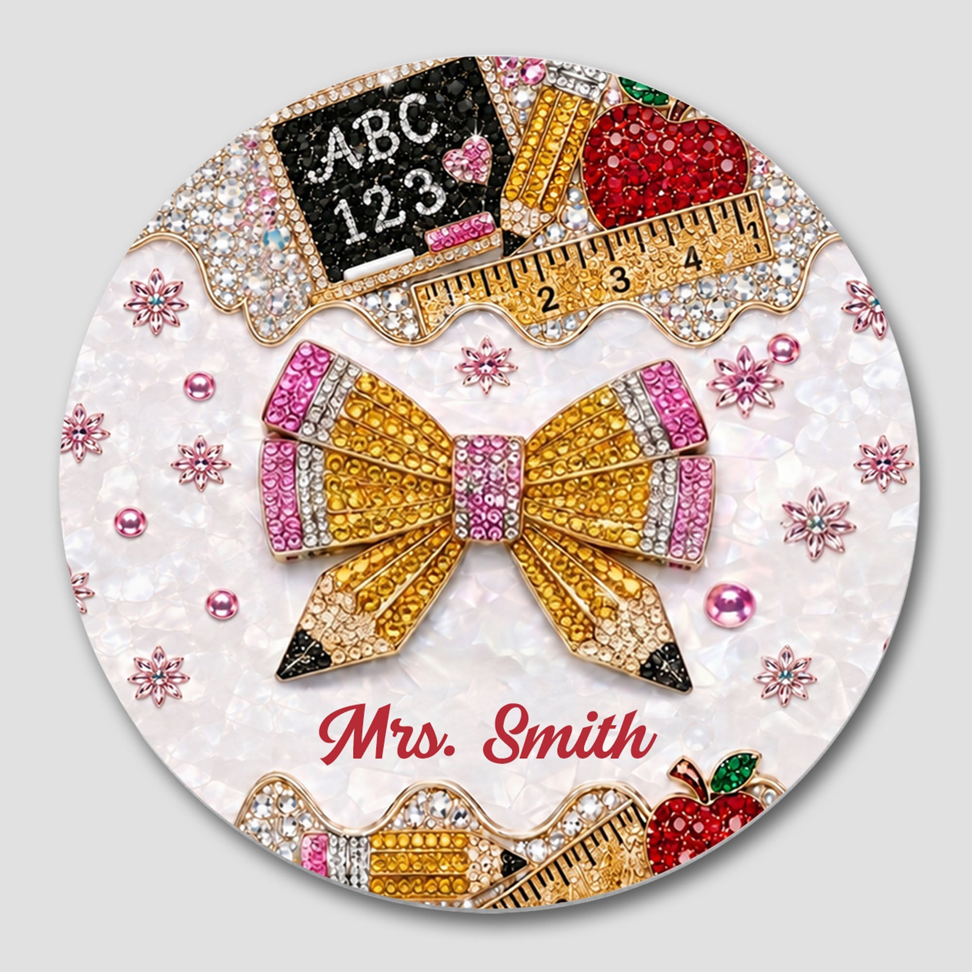 Personalized 3D Rhinestone Teacher Coaster Custom Name Gift Ceramic Coaster GradoCreations