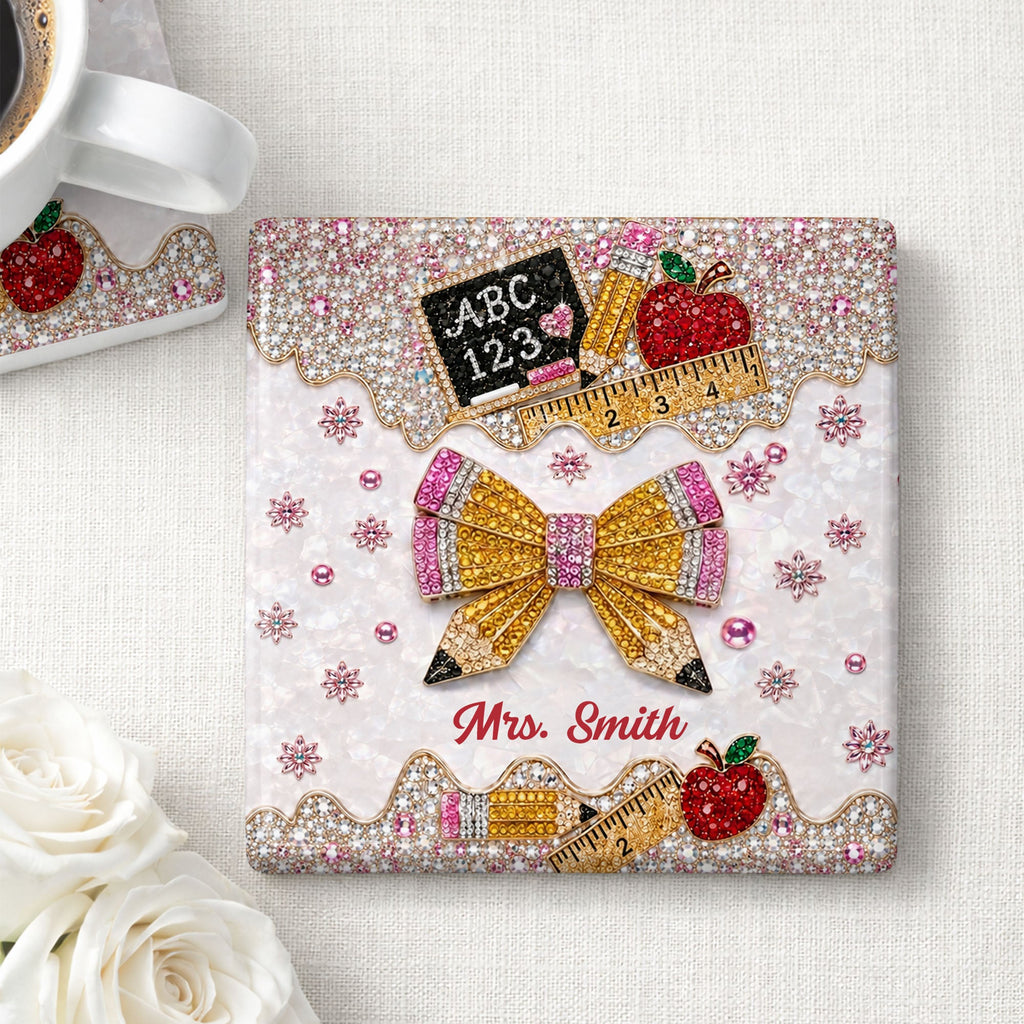 Personalized Ceramic Coaster Custom Teacher Gift Apple Design Square Ceramic Coaster GradoCreations