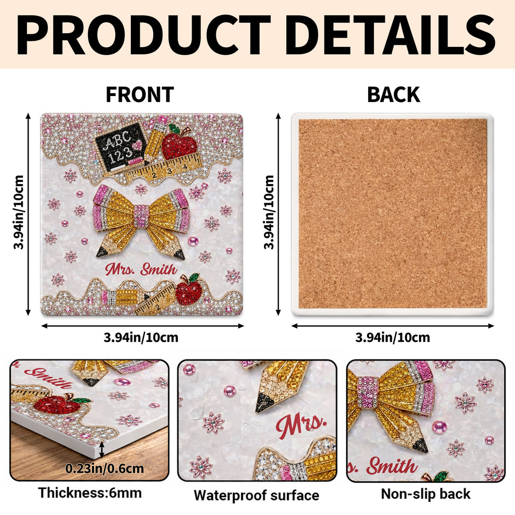 Personalized Ceramic Coaster Custom Teacher Gift Apple Design Square Ceramic Coaster GradoCreations