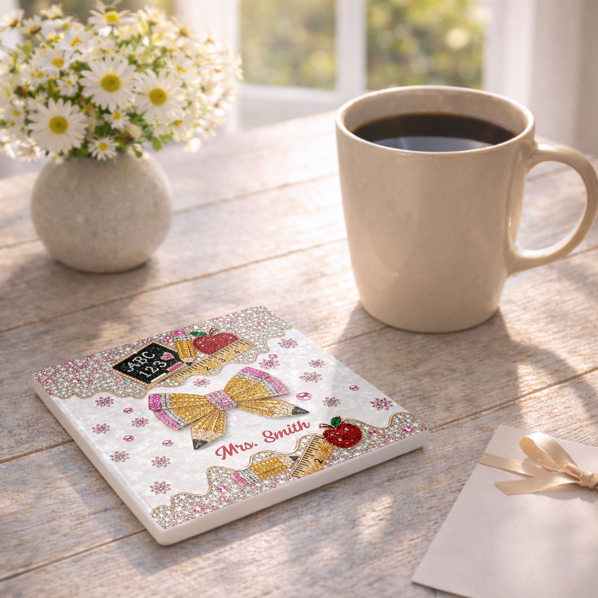 Personalized Ceramic Coaster Custom Teacher Gift Apple Design Square Ceramic Coaster GradoCreations