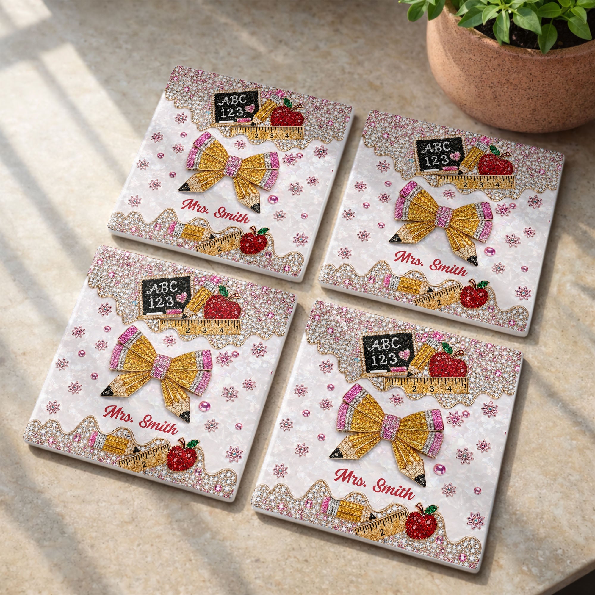 Personalized Ceramic Coaster Custom Teacher Gift Apple Design Square Ceramic Coaster GradoCreations