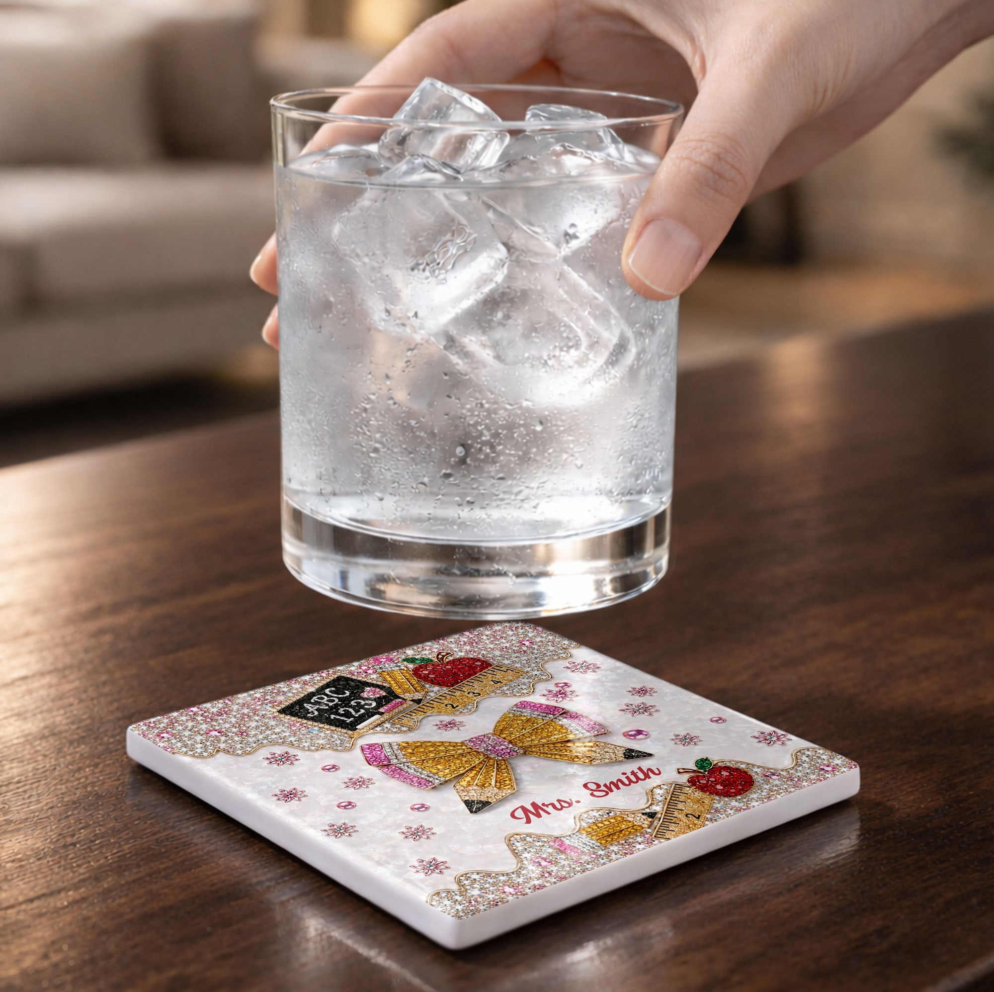 Personalized Ceramic Coaster Custom Teacher Gift Apple Design Square Ceramic Coaster GradoCreations