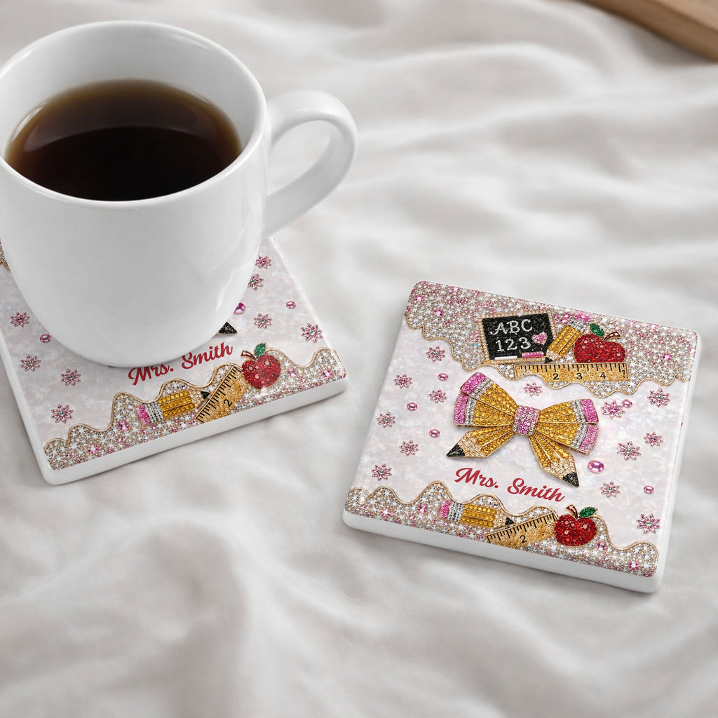 Personalized Ceramic Coaster Custom Teacher Gift Apple Design Square Ceramic Coaster GradoCreations