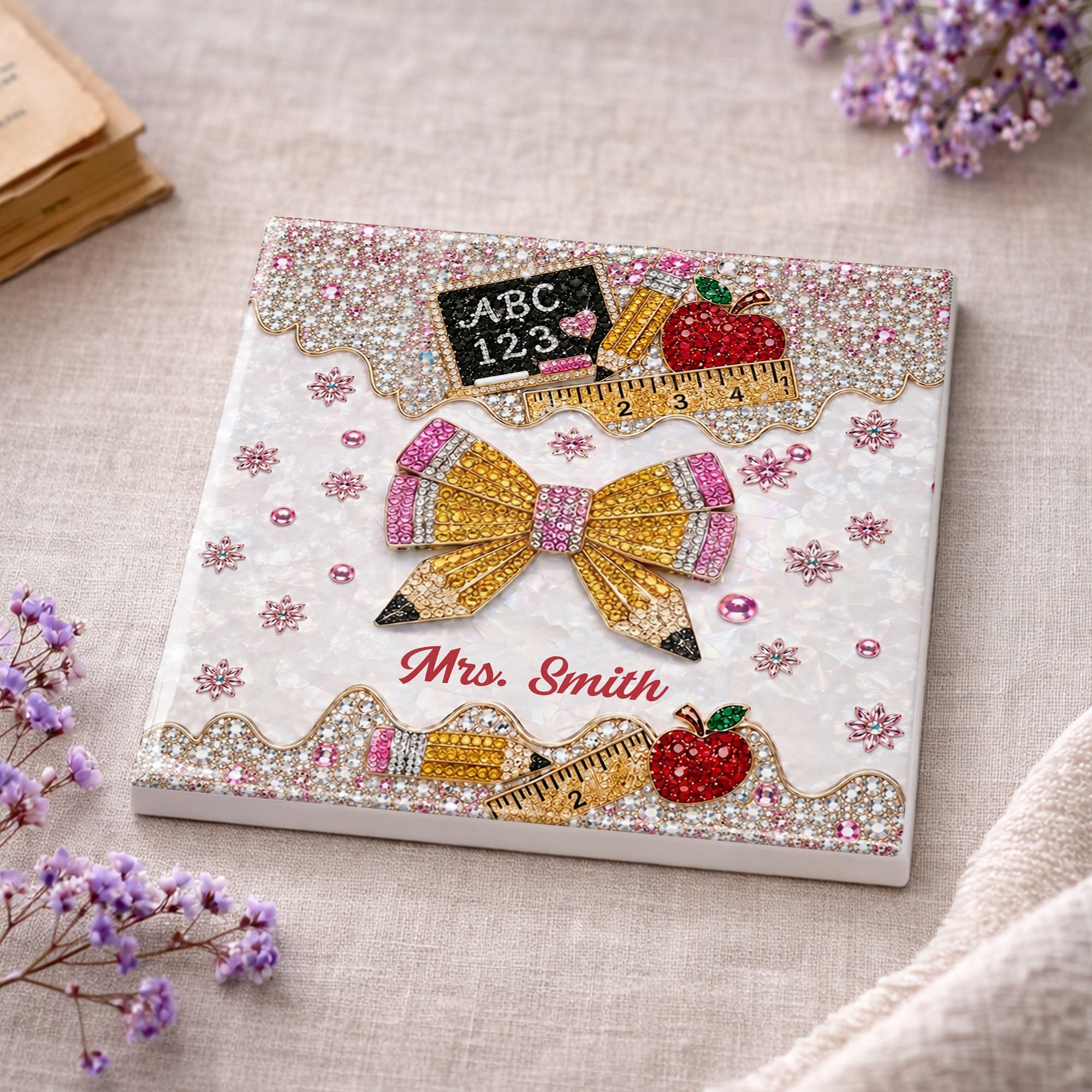 Personalized Ceramic Coaster Custom Teacher Gift Apple Design Square Ceramic Coaster GradoCreations