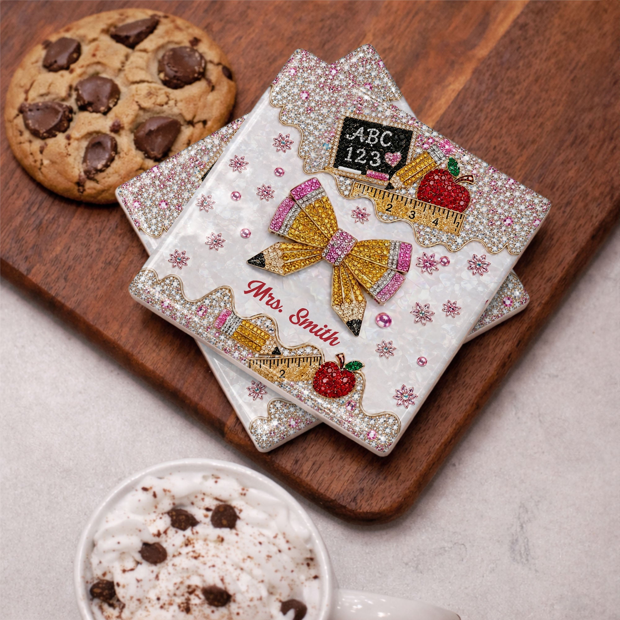 Personalized Ceramic Coaster Custom Teacher Gift Apple Design Square Ceramic Coaster GradoCreations