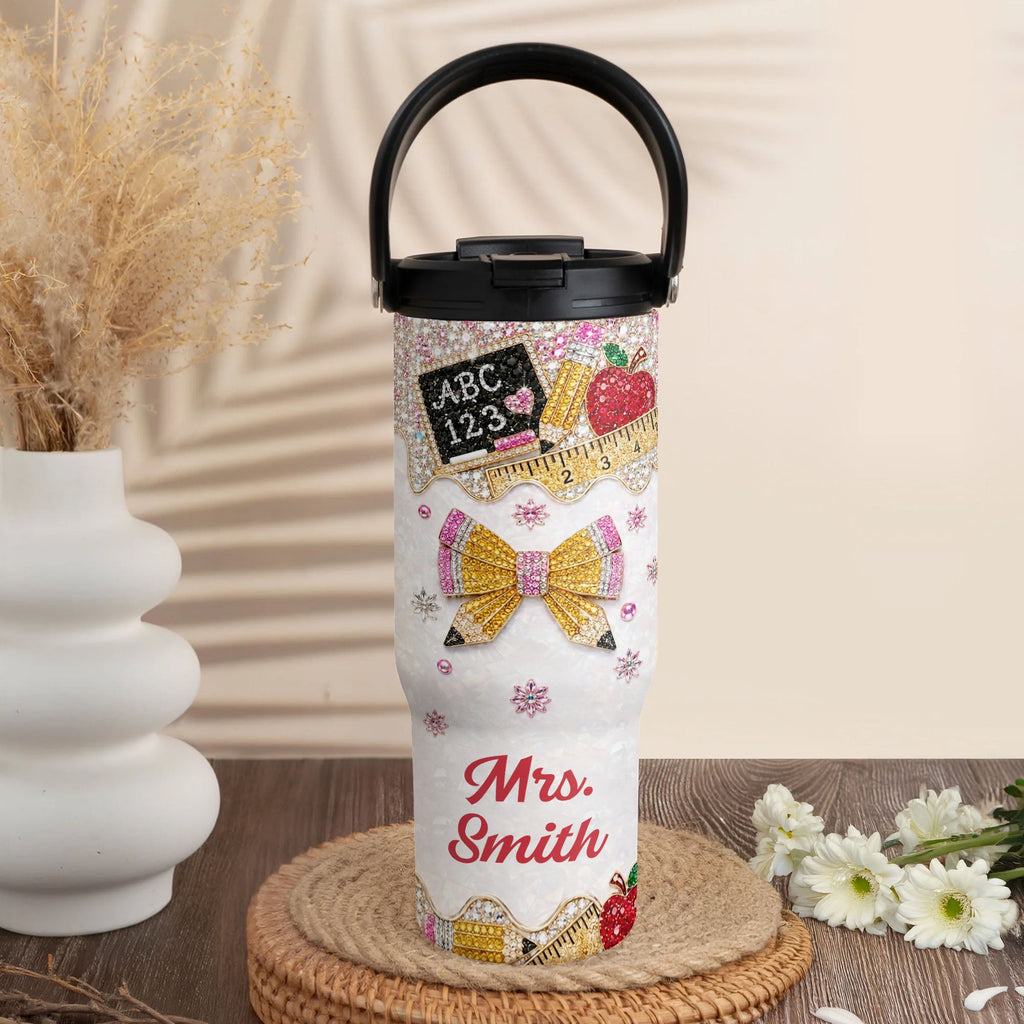 Personalized Teacher Tumbler 30oz Apple Glitter Gift Idea Tumbler With Handle GradoCreations
