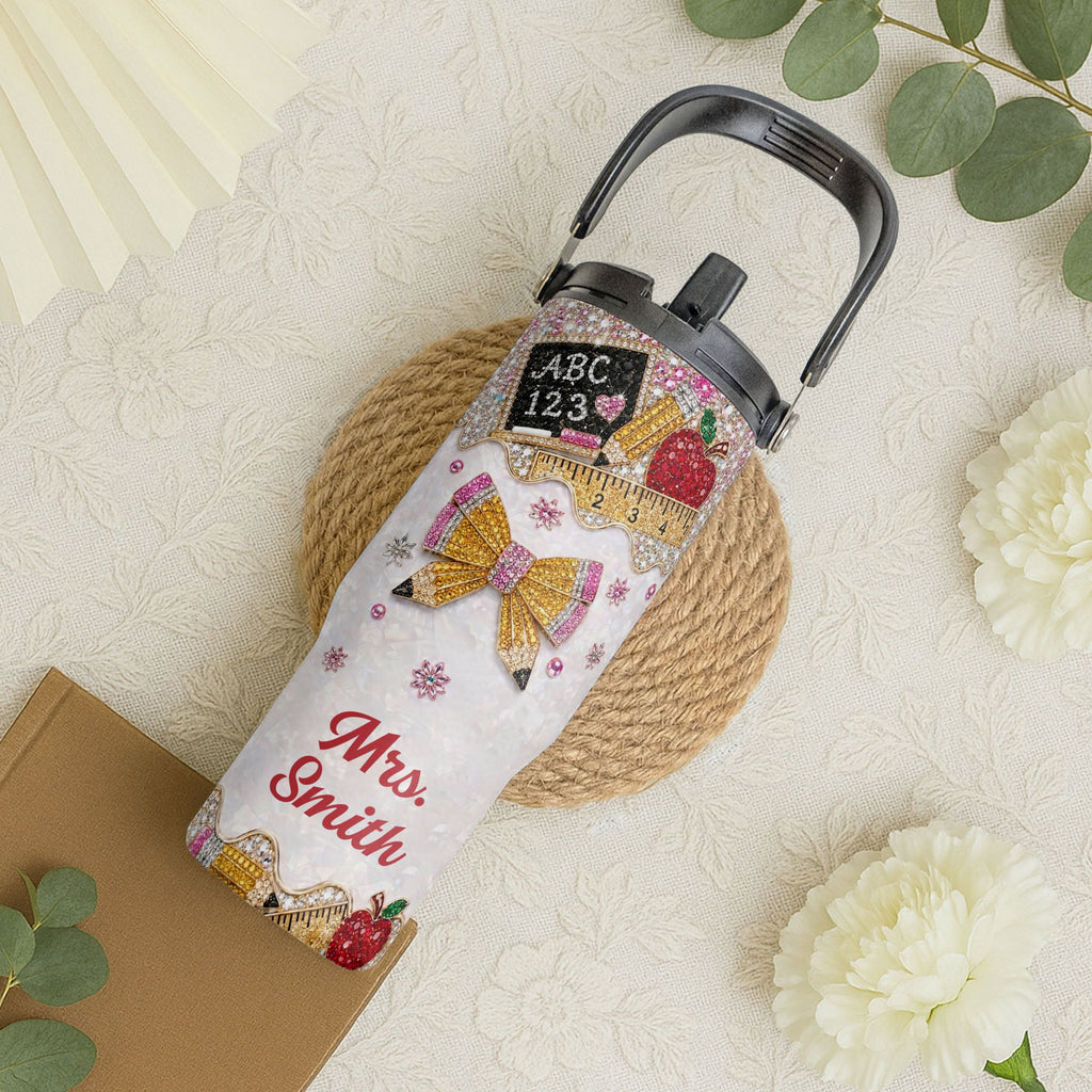 Personalized Teacher Tumbler 30oz Apple Glitter Gift Idea Tumbler With Handle GradoCreations