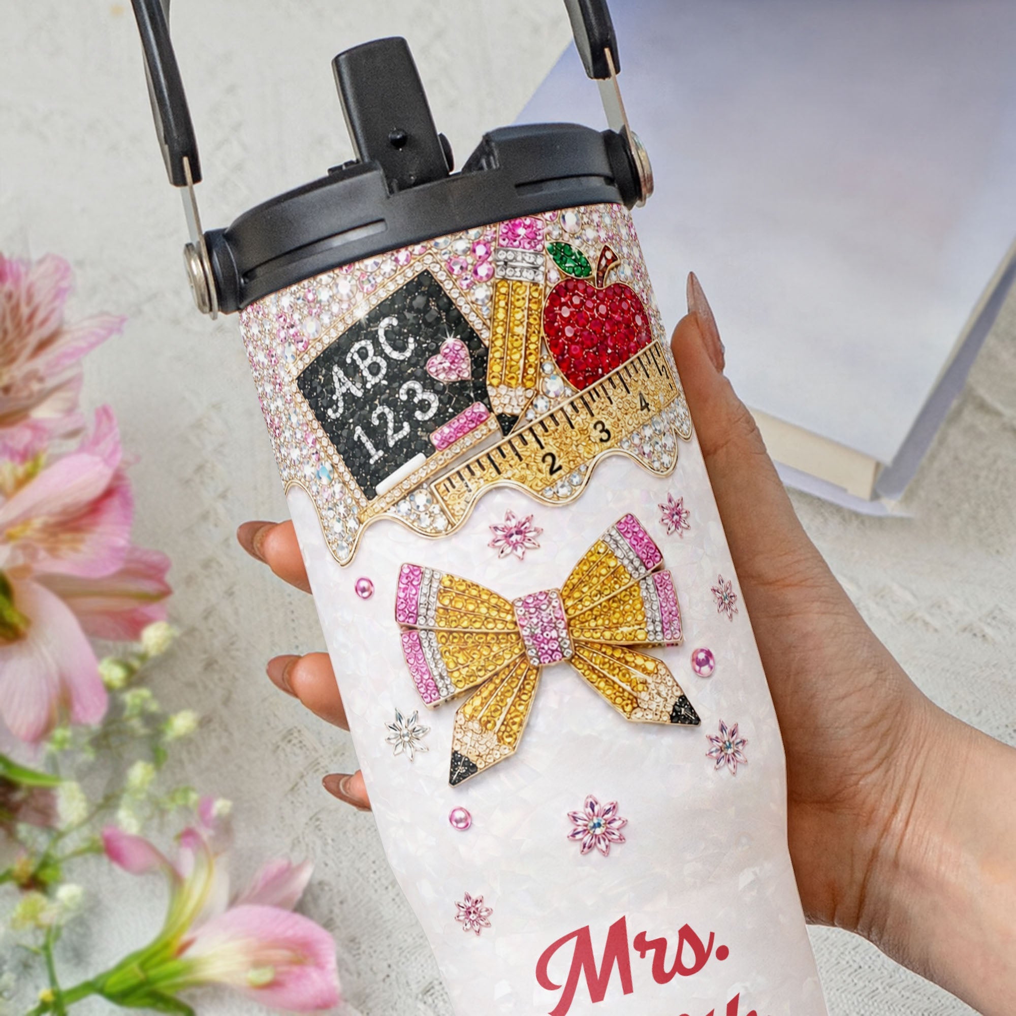 Personalized Teacher Tumbler 30oz Apple Glitter Gift Idea Tumbler With Handle GradoCreations