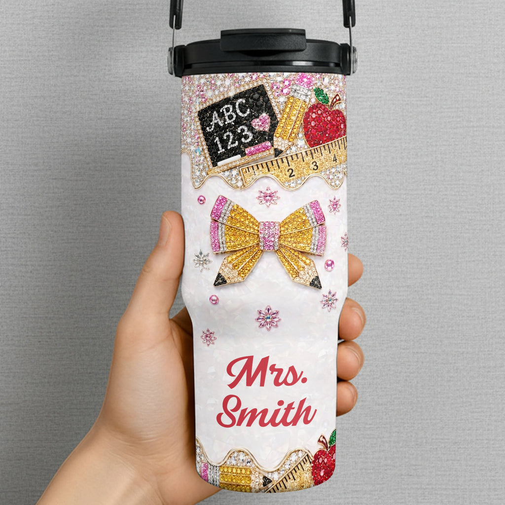 Personalized Teacher Tumbler 30oz Apple Glitter Gift Idea Tumbler With Handle GradoCreations
