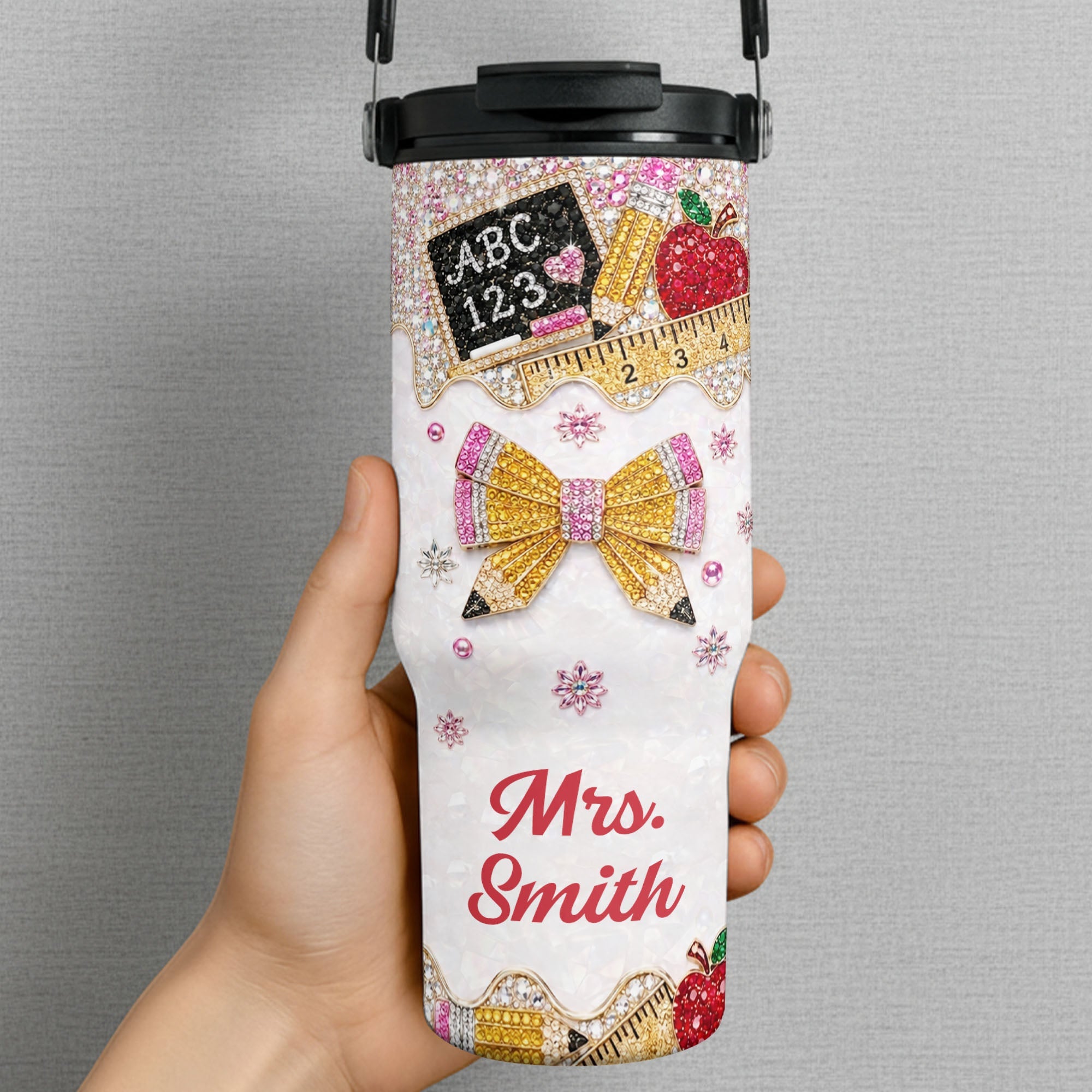 Personalized Teacher Tumbler 30oz Apple Glitter Gift Idea Tumbler With Handle GradoCreations