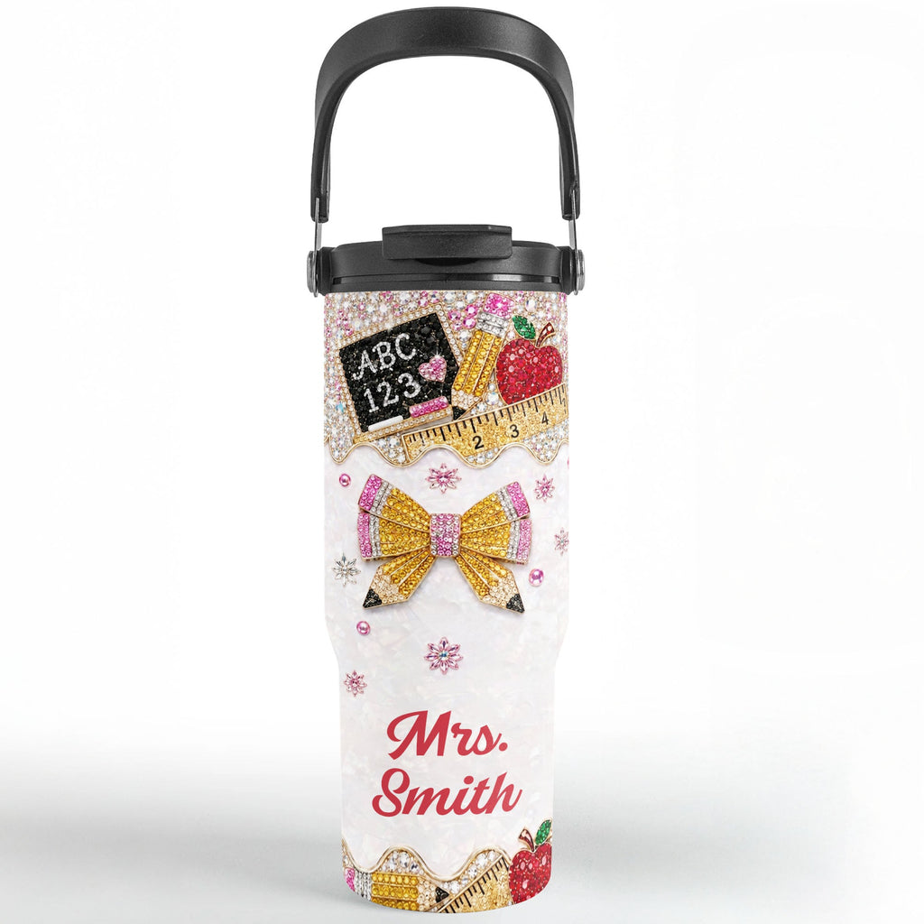 Personalized Teacher Tumbler 30oz Apple Glitter Gift Idea Tumbler With Handle GradoCreations