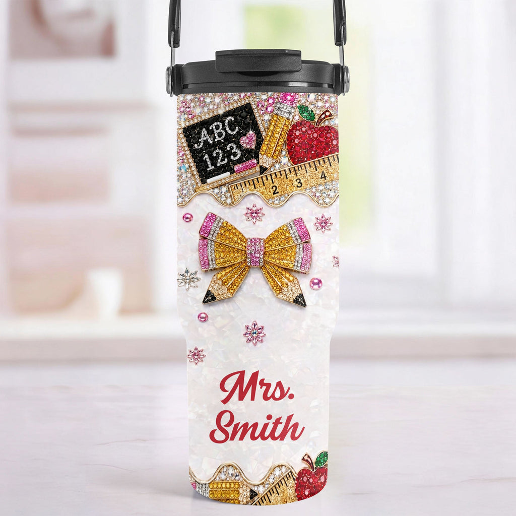 Personalized Teacher Tumbler 30oz Apple Glitter Gift Idea Tumbler With Handle GradoCreations