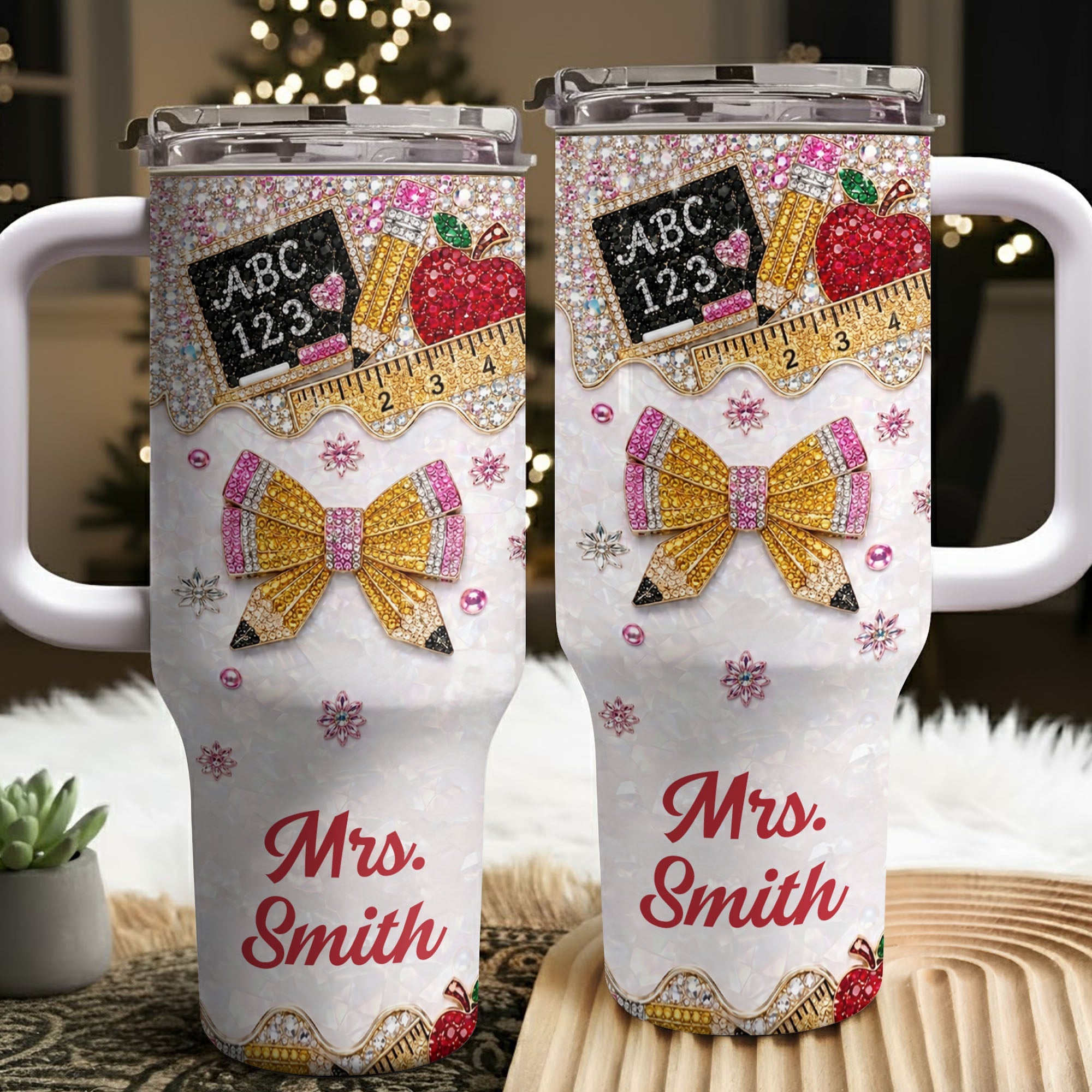 Personalized Teacher Tumbler 40oz Apple Bow Design Gift 40oz Tumbler GradoCreations