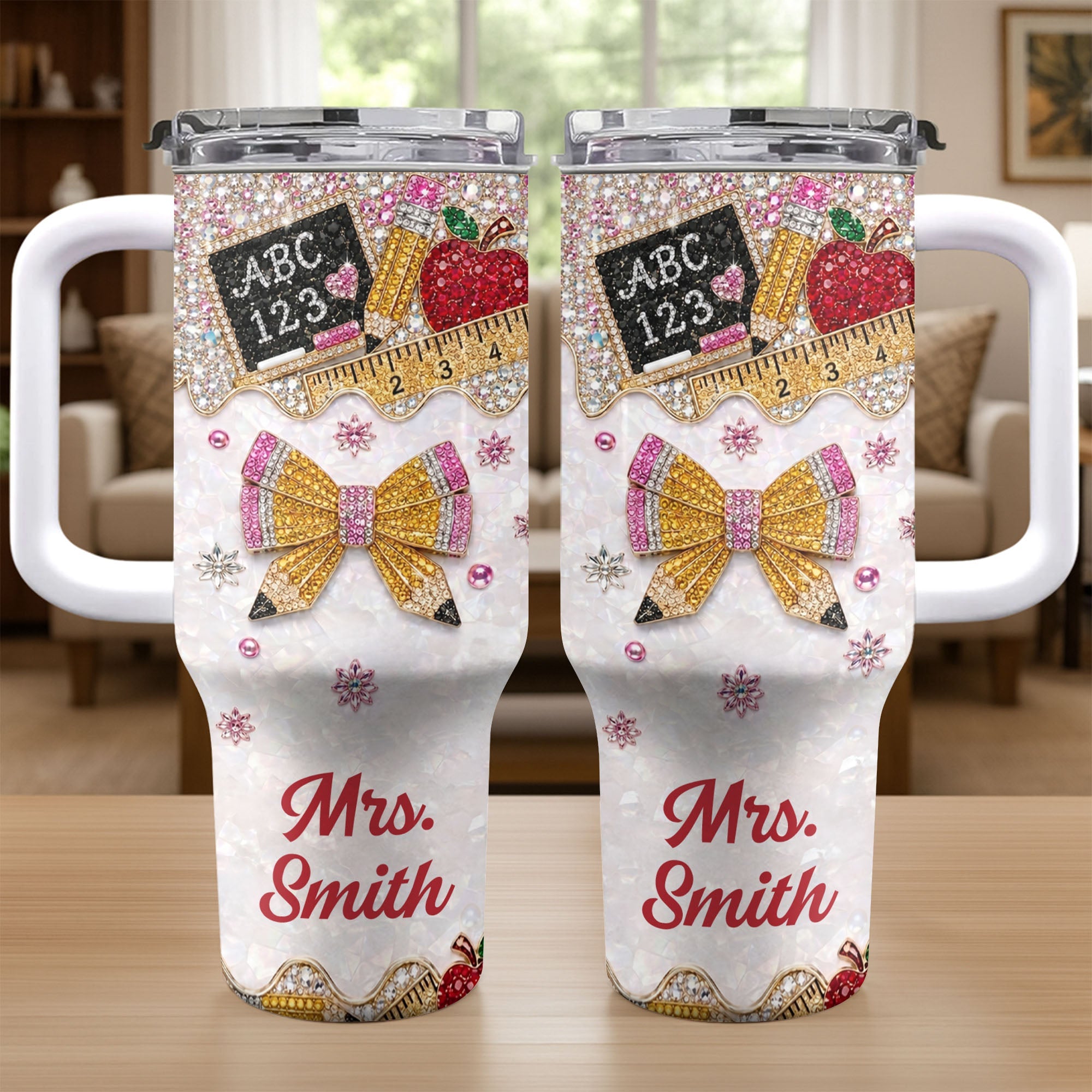 Personalized Teacher Tumbler 40oz Apple Bow Design Gift 40oz Tumbler GradoCreations