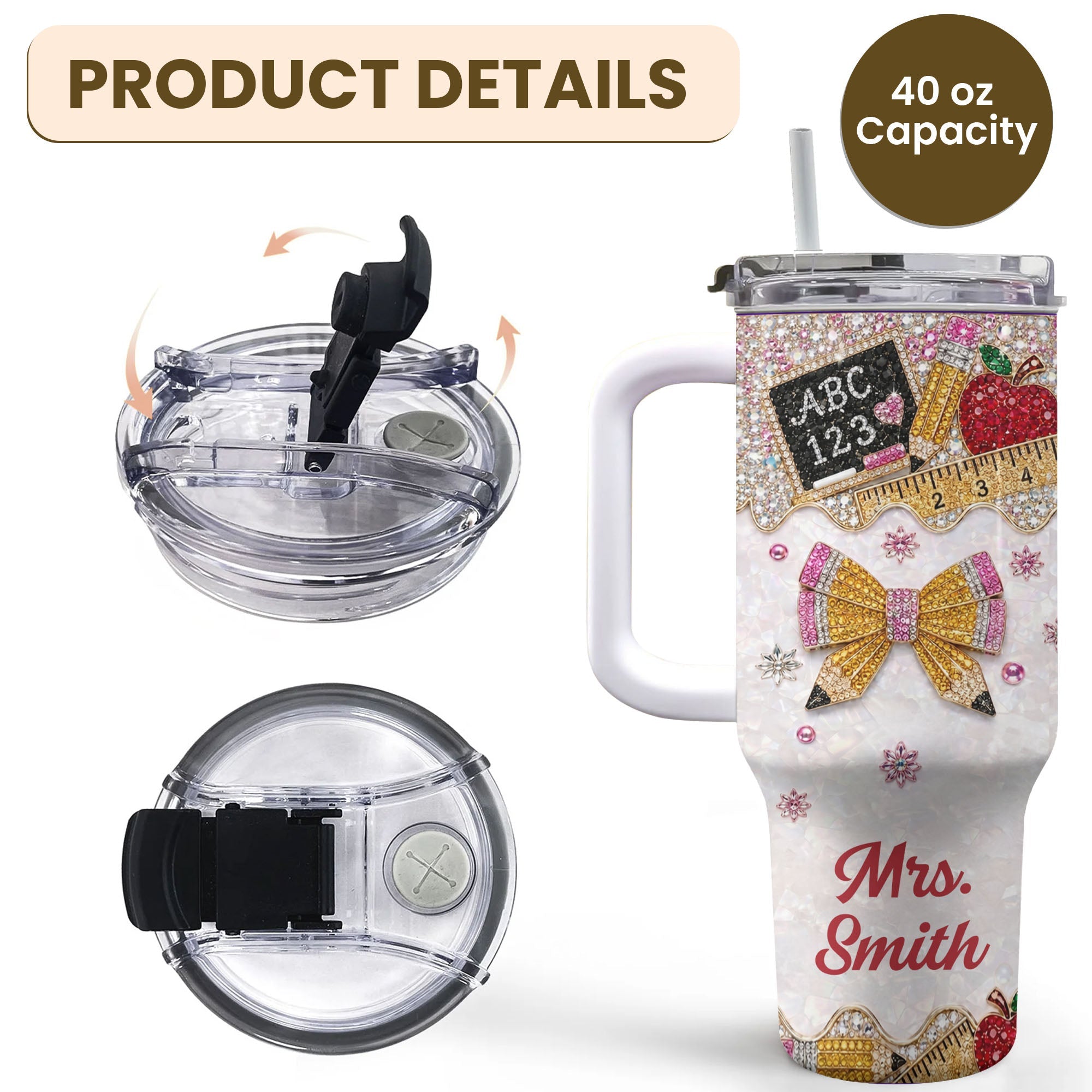 Personalized Teacher Tumbler 40oz Apple Bow Design Gift 40oz Tumbler GradoCreations