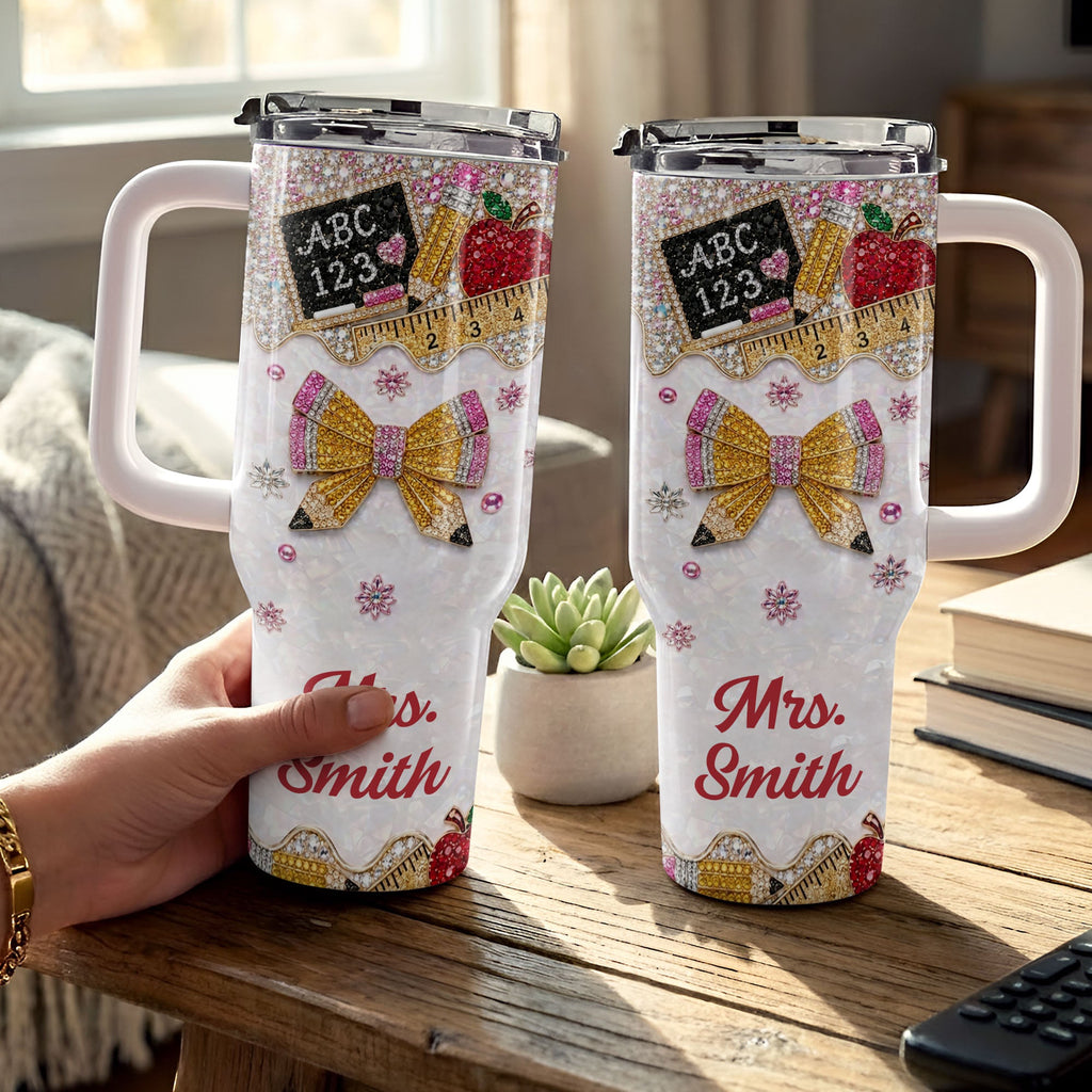 Personalized Teacher Tumbler 40oz Apple Bow Design Gift 40oz Tumbler GradoCreations