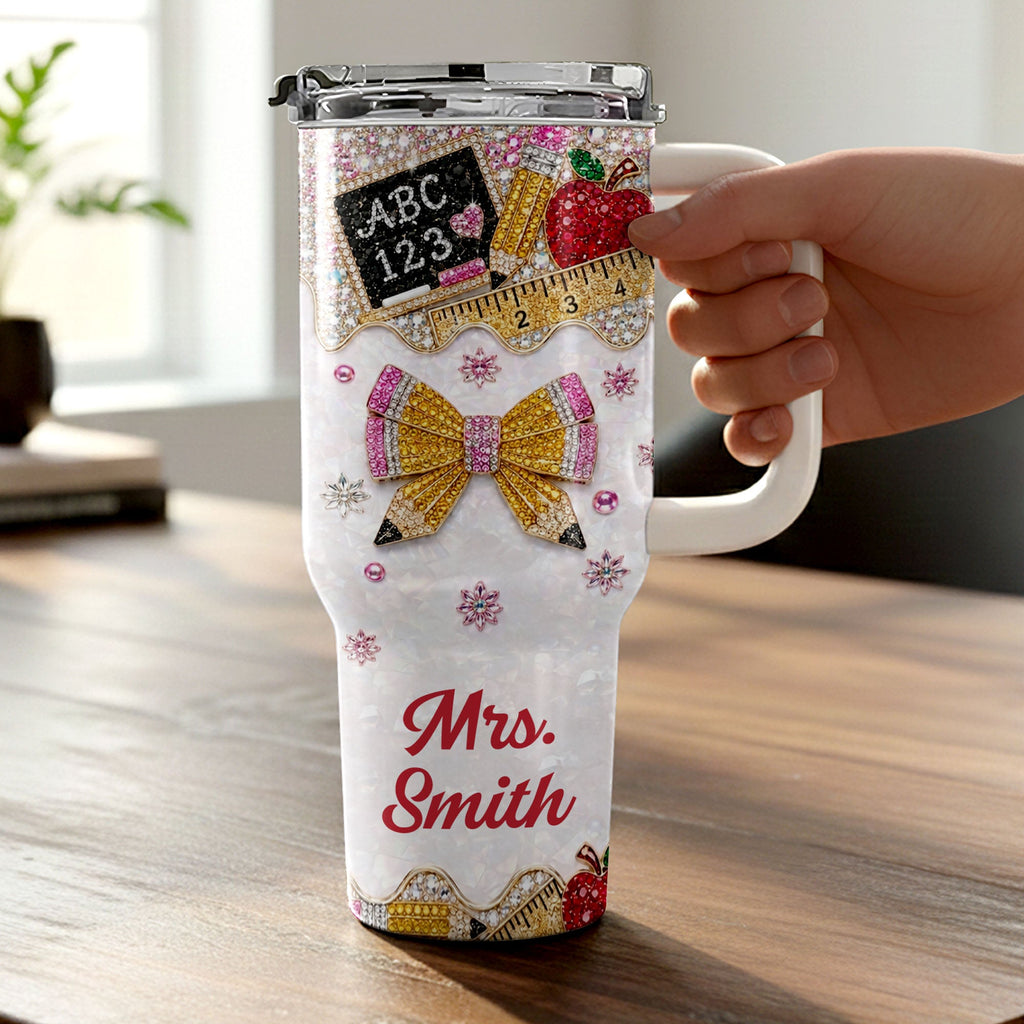 Personalized Teacher Tumbler 40oz Apple Bow Design Gift 40oz Tumbler GradoCreations