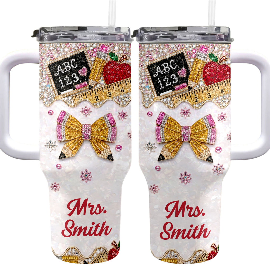 Personalized Teacher Tumbler 40oz Apple Bow Design Gift 40oz Tumbler GradoCreations