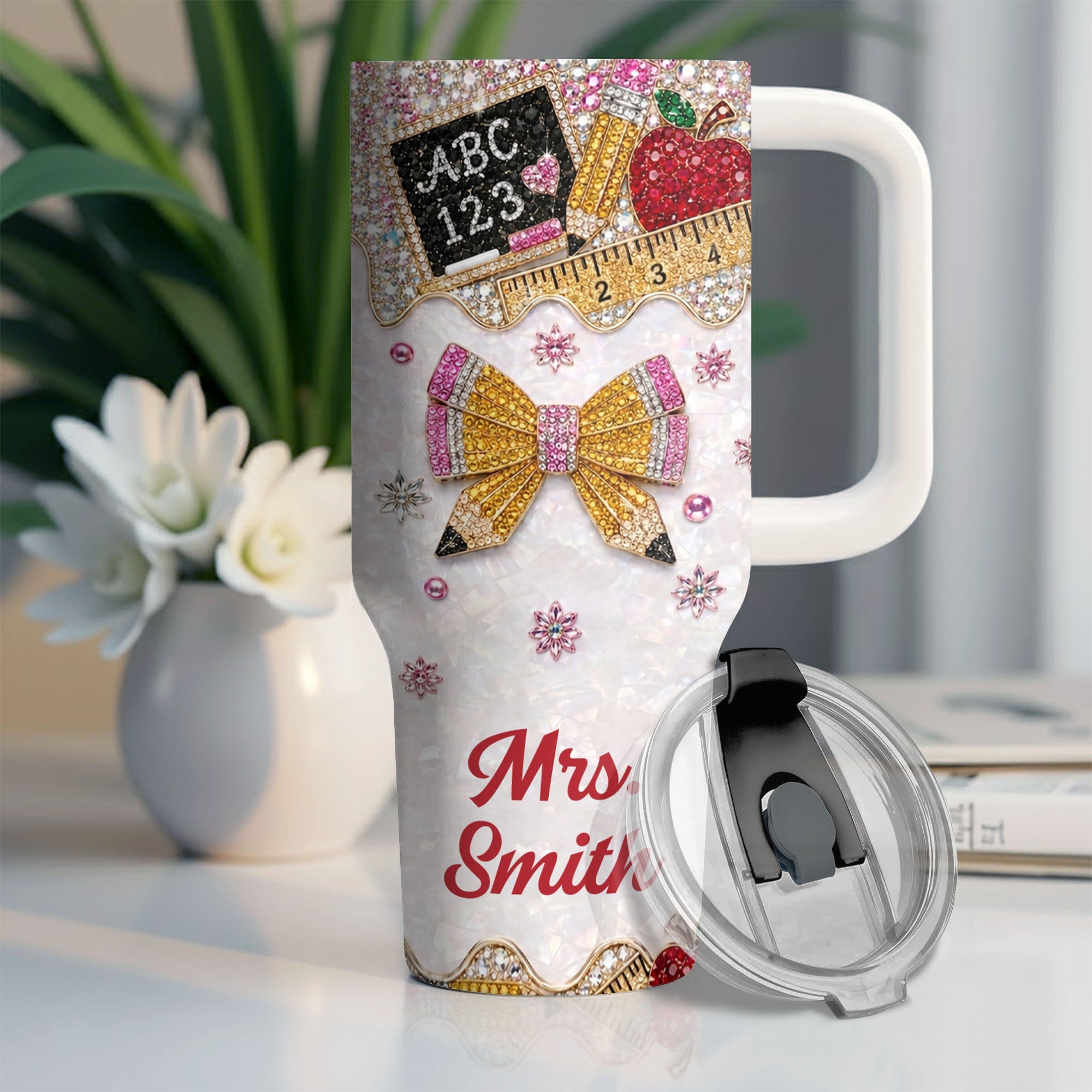 Personalized Teacher Tumbler 40oz Apple Bow Design Gift 40oz Tumbler GradoCreations