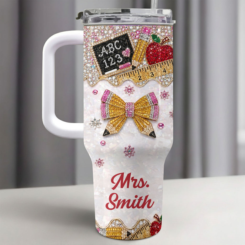 Personalized Teacher Tumbler 40oz Apple Bow Design Gift 40oz Tumbler GradoCreations