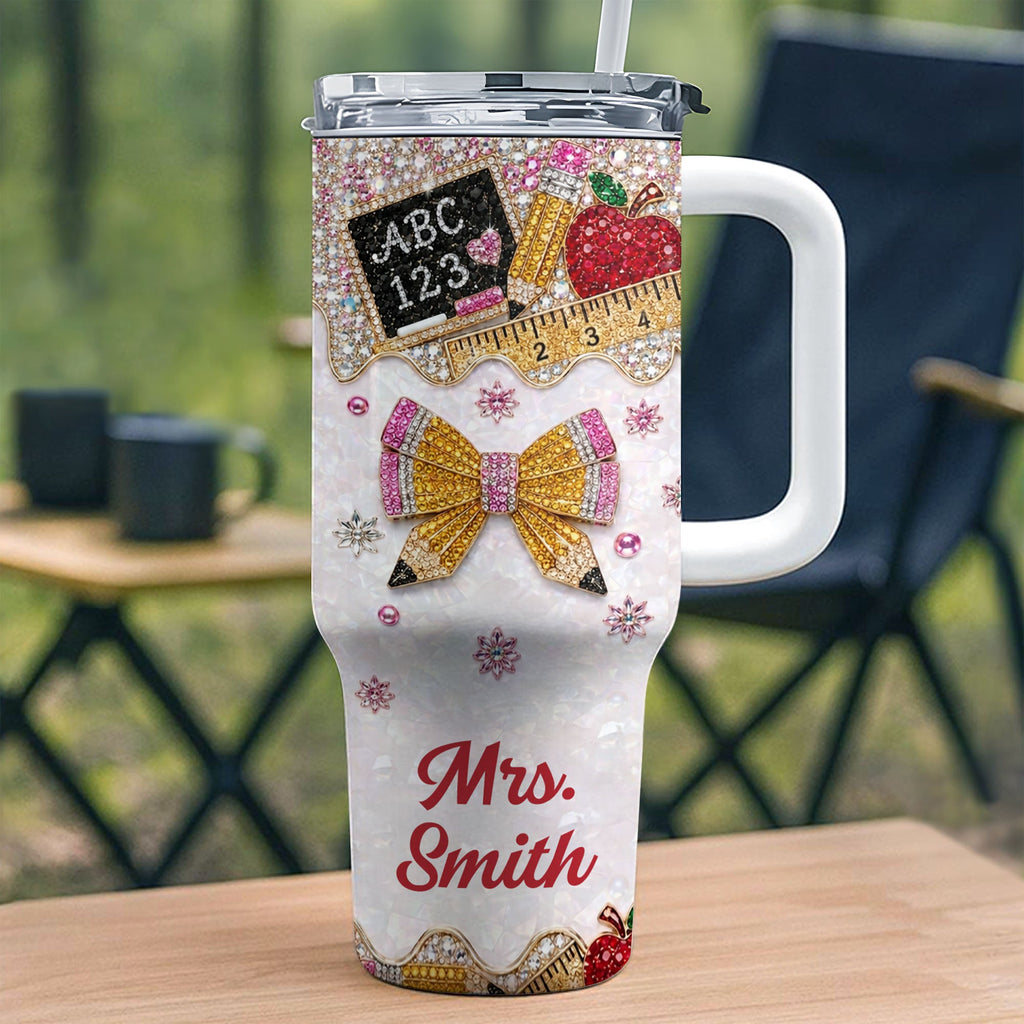 Personalized Teacher Tumbler 40oz Apple Bow Design Gift 40oz Tumbler GradoCreations