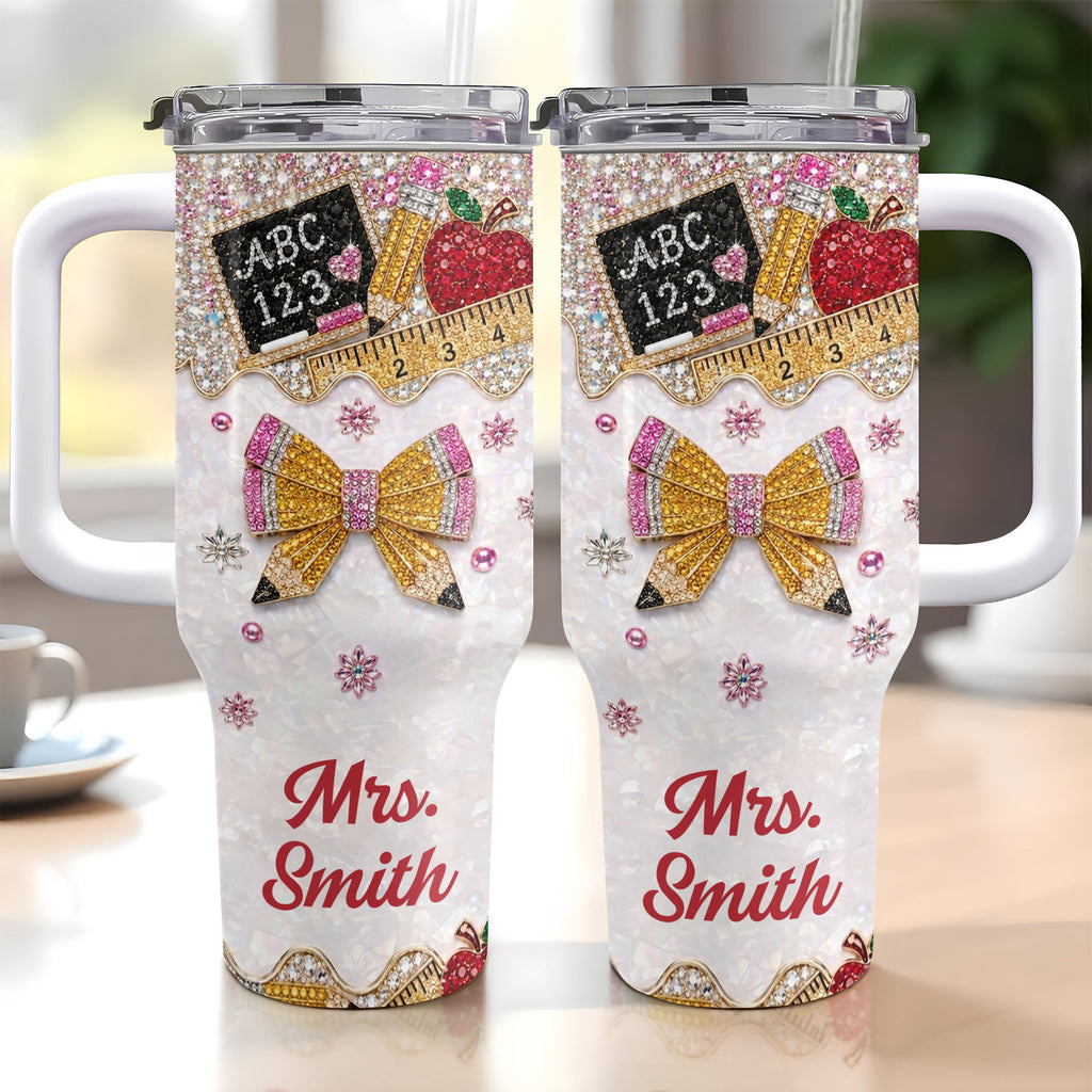 Personalized Teacher Tumbler 40oz Apple Bow Design Gift 40oz Tumbler GradoCreations