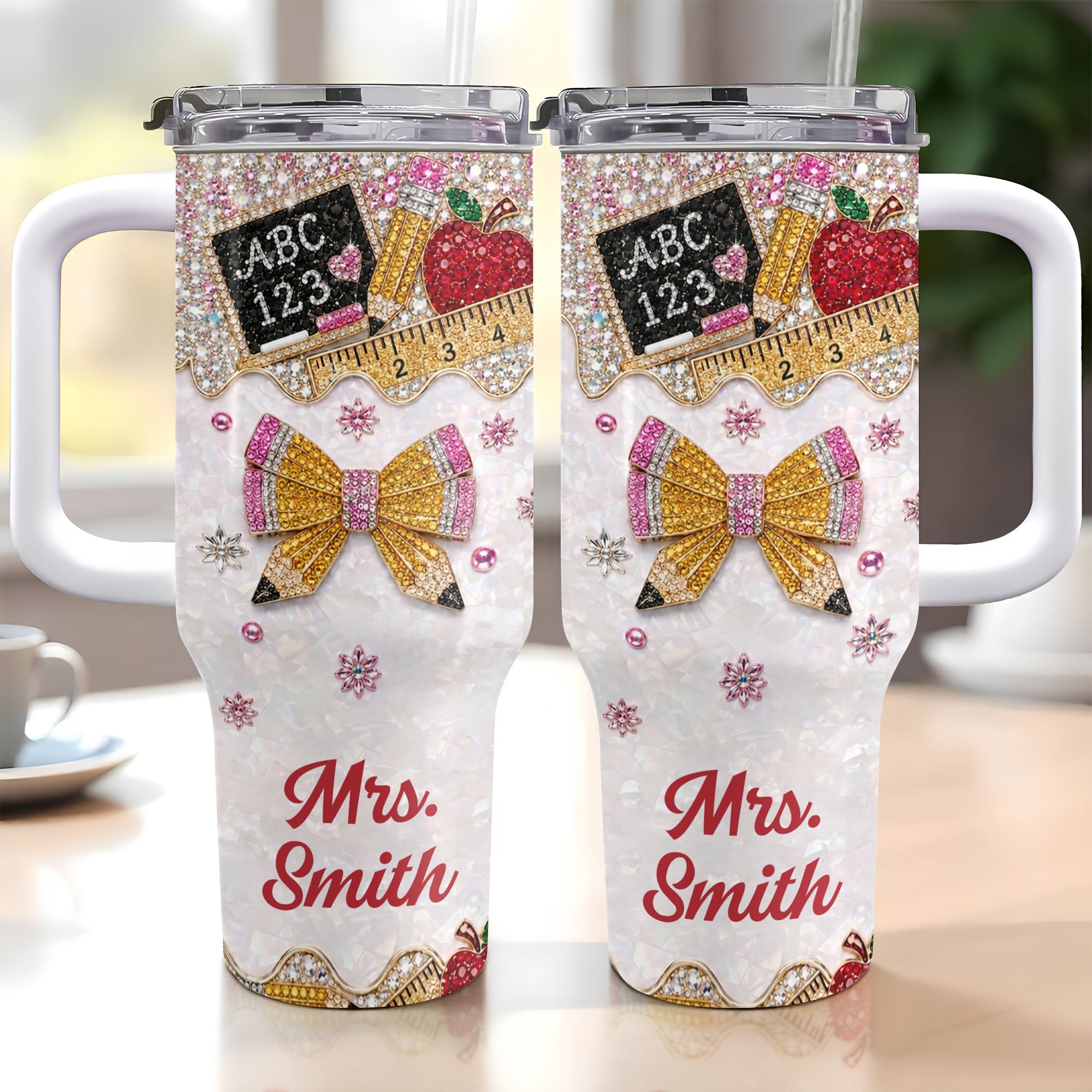 Personalized Teacher Tumbler 40oz Apple Bow Design Gift 40oz Tumbler GradoCreations