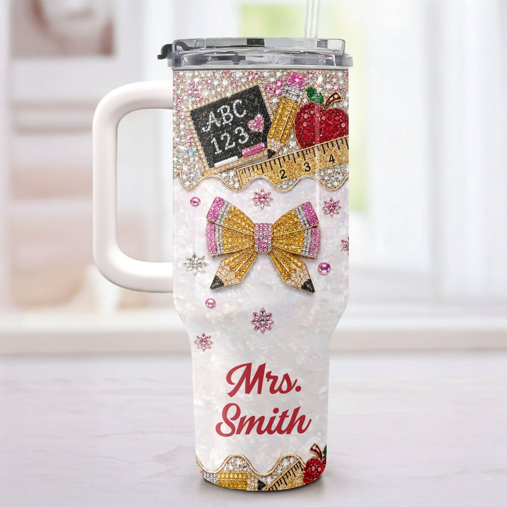 Personalized Teacher Tumbler 40oz Apple Bow Design Gift 40oz Tumbler GradoCreations