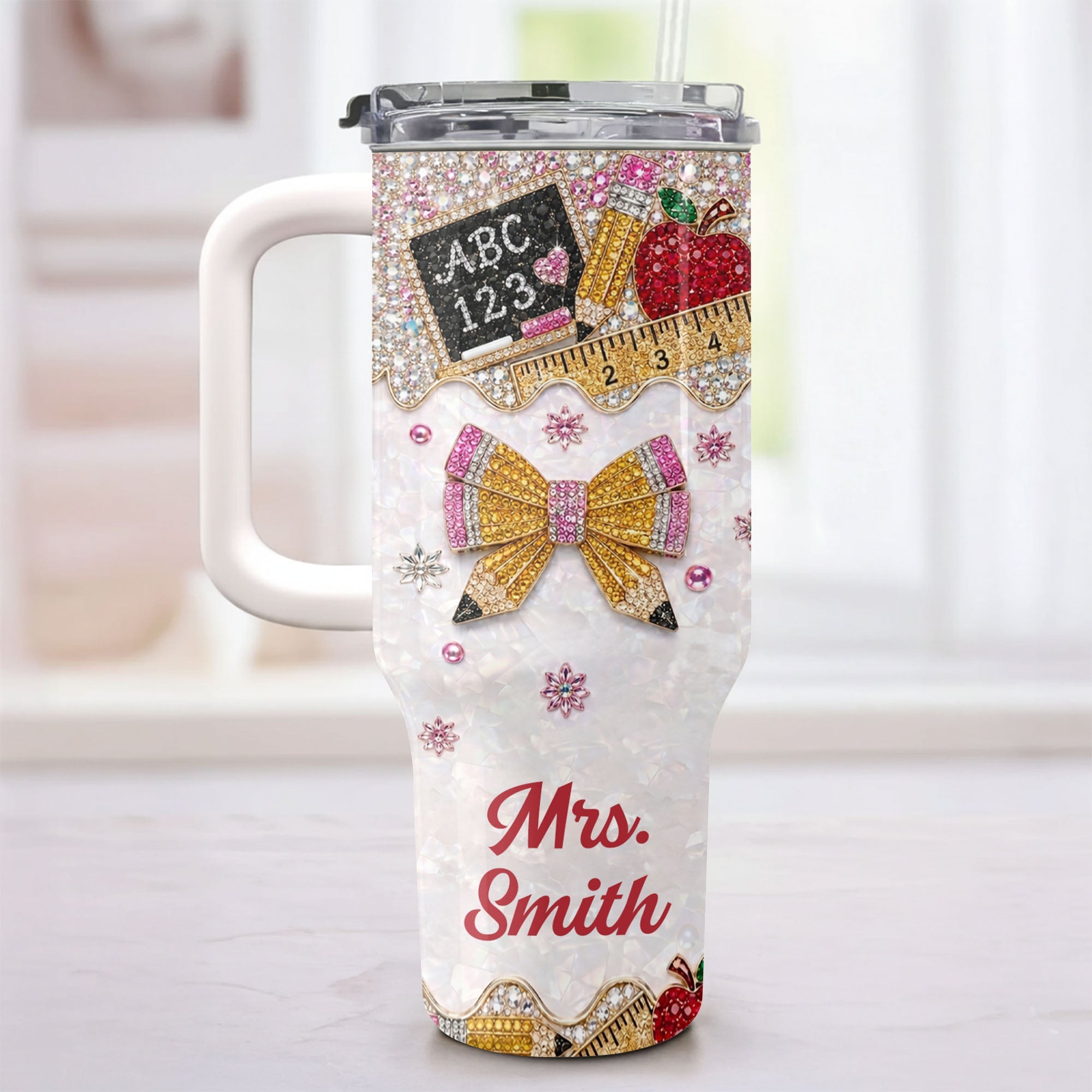 Personalized Teacher Tumbler 40oz Apple Bow Design Gift 40oz Tumbler GradoCreations