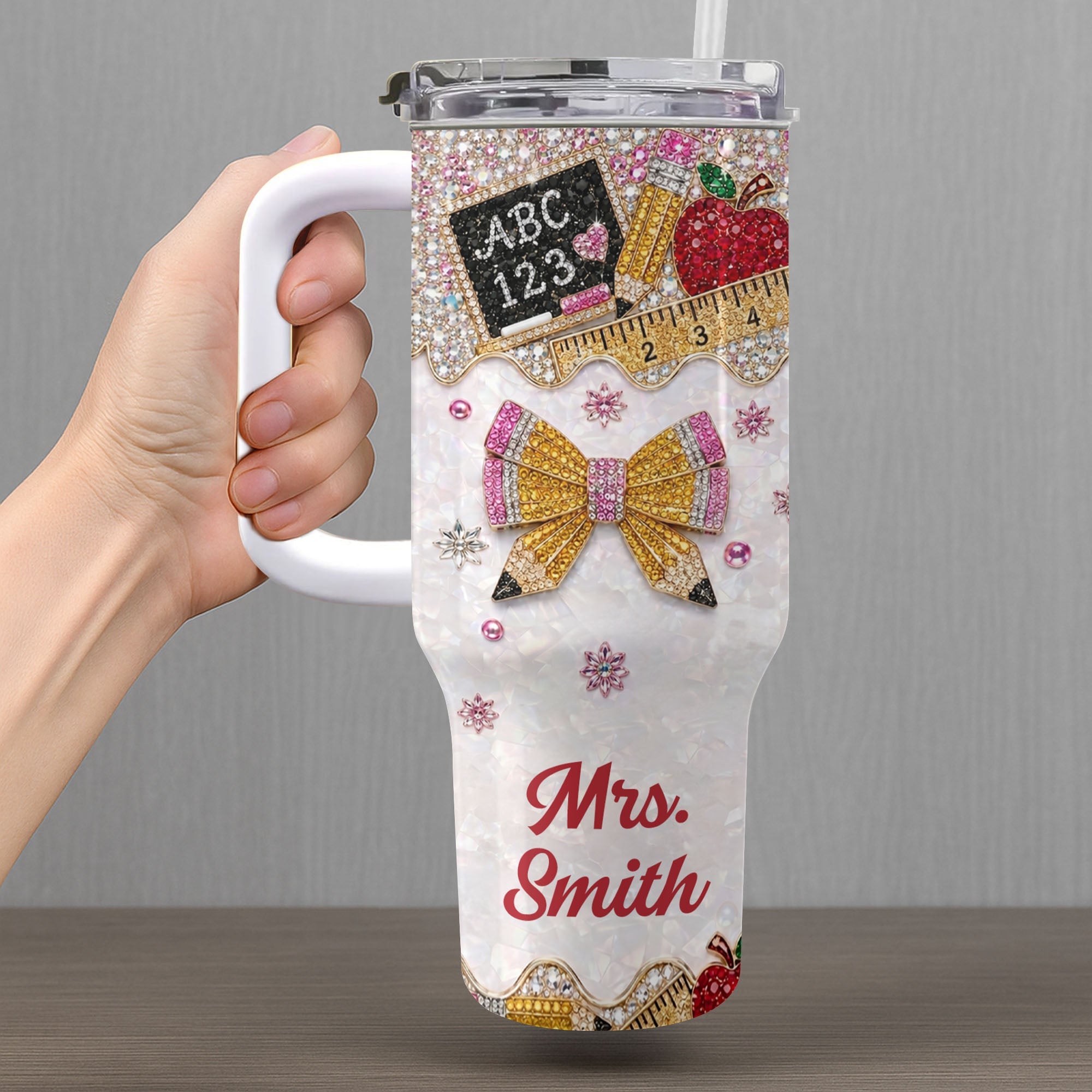 Personalized Teacher Tumbler 40oz Apple Bow Design Gift 40oz Tumbler GradoCreations