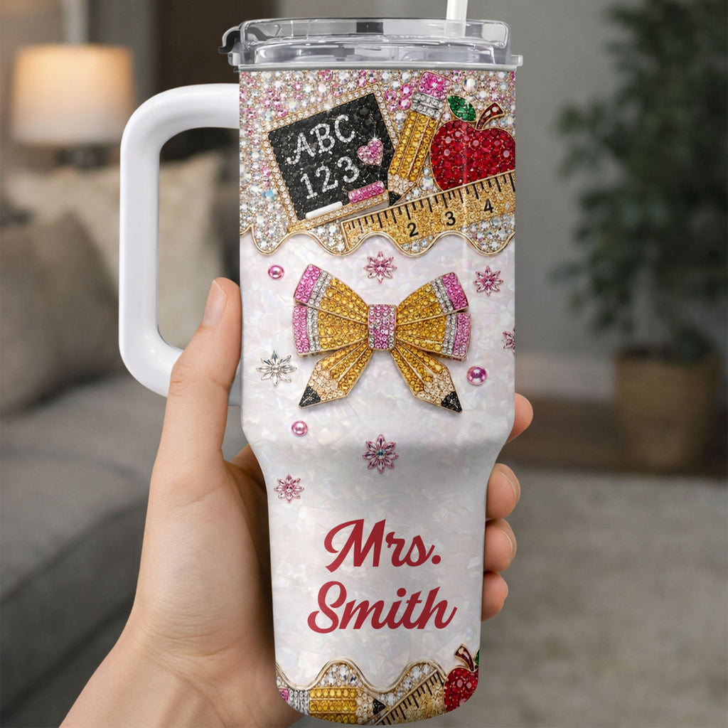 Personalized Teacher Tumbler 40oz Apple Bow Design Gift 40oz Tumbler GradoCreations