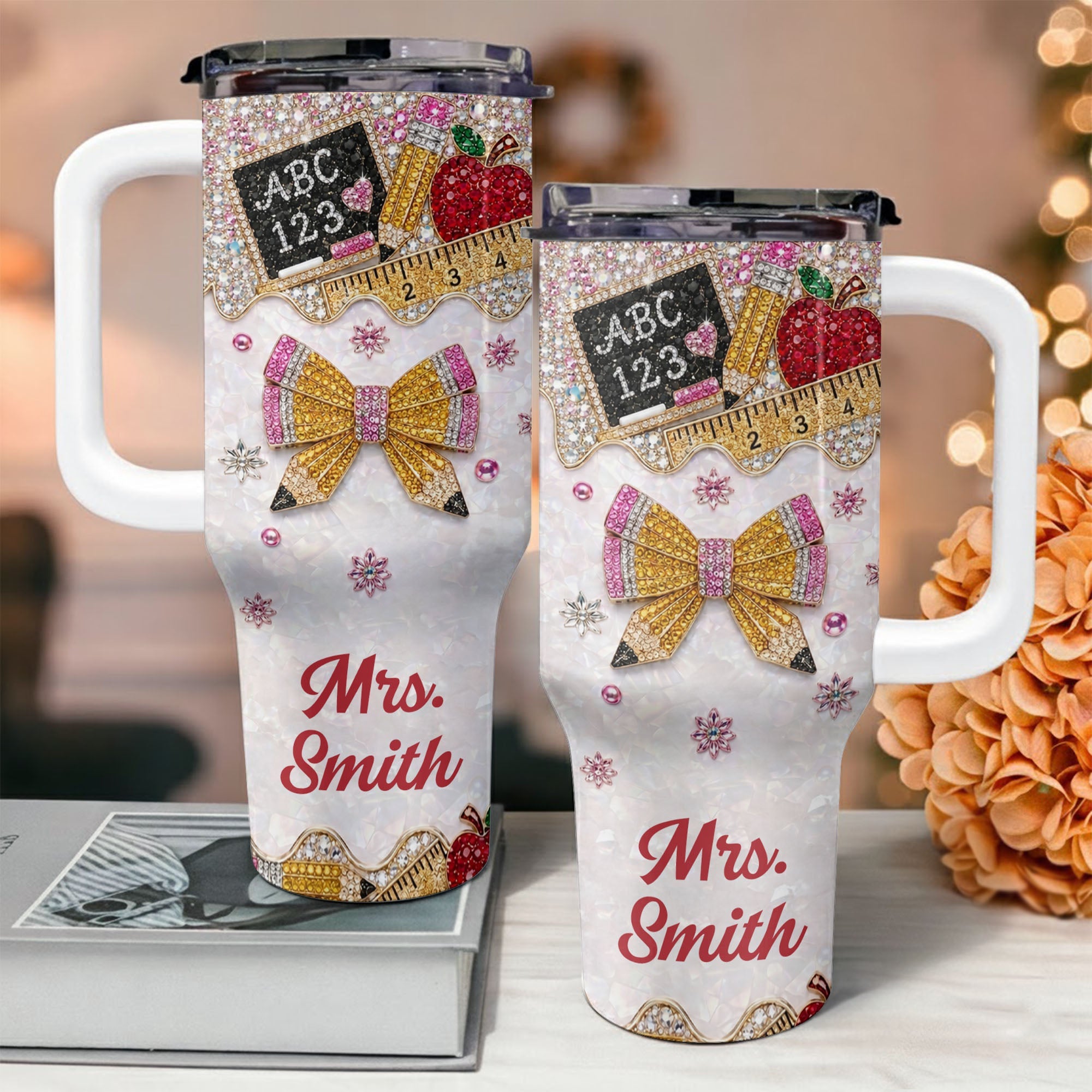 Personalized Teacher Tumbler 40oz Apple Bow Design Gift 40oz Tumbler GradoCreations