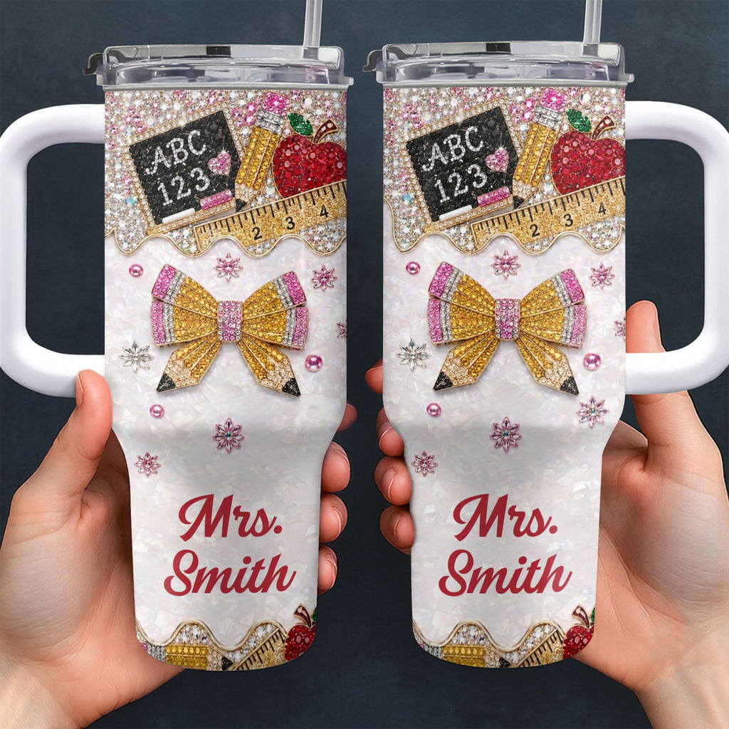 Personalized Teacher Tumbler 40oz Apple Bow Design Gift 40oz Tumbler GradoCreations