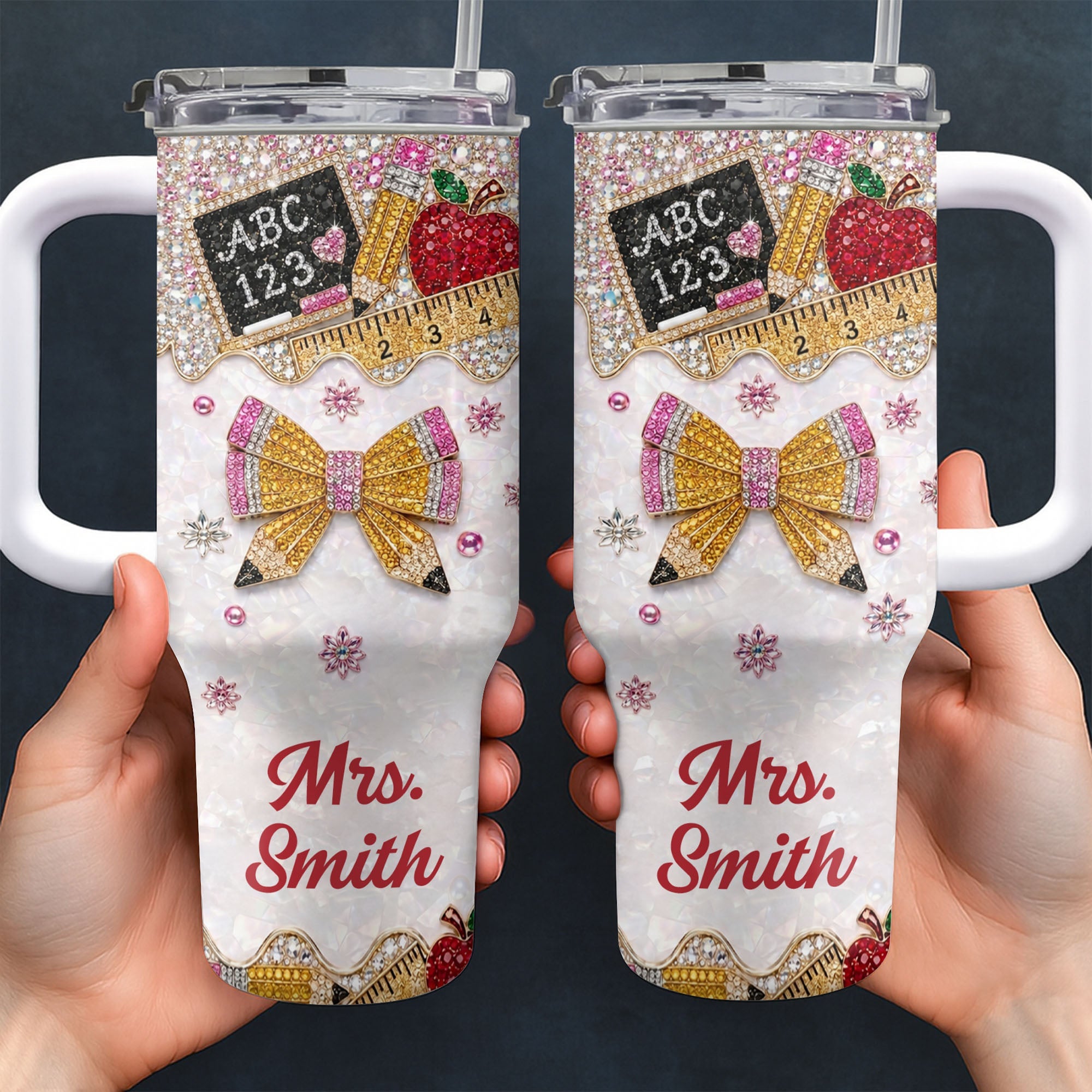 Personalized Teacher Tumbler 40oz Apple Bow Design Gift 40oz Tumbler GradoCreations
