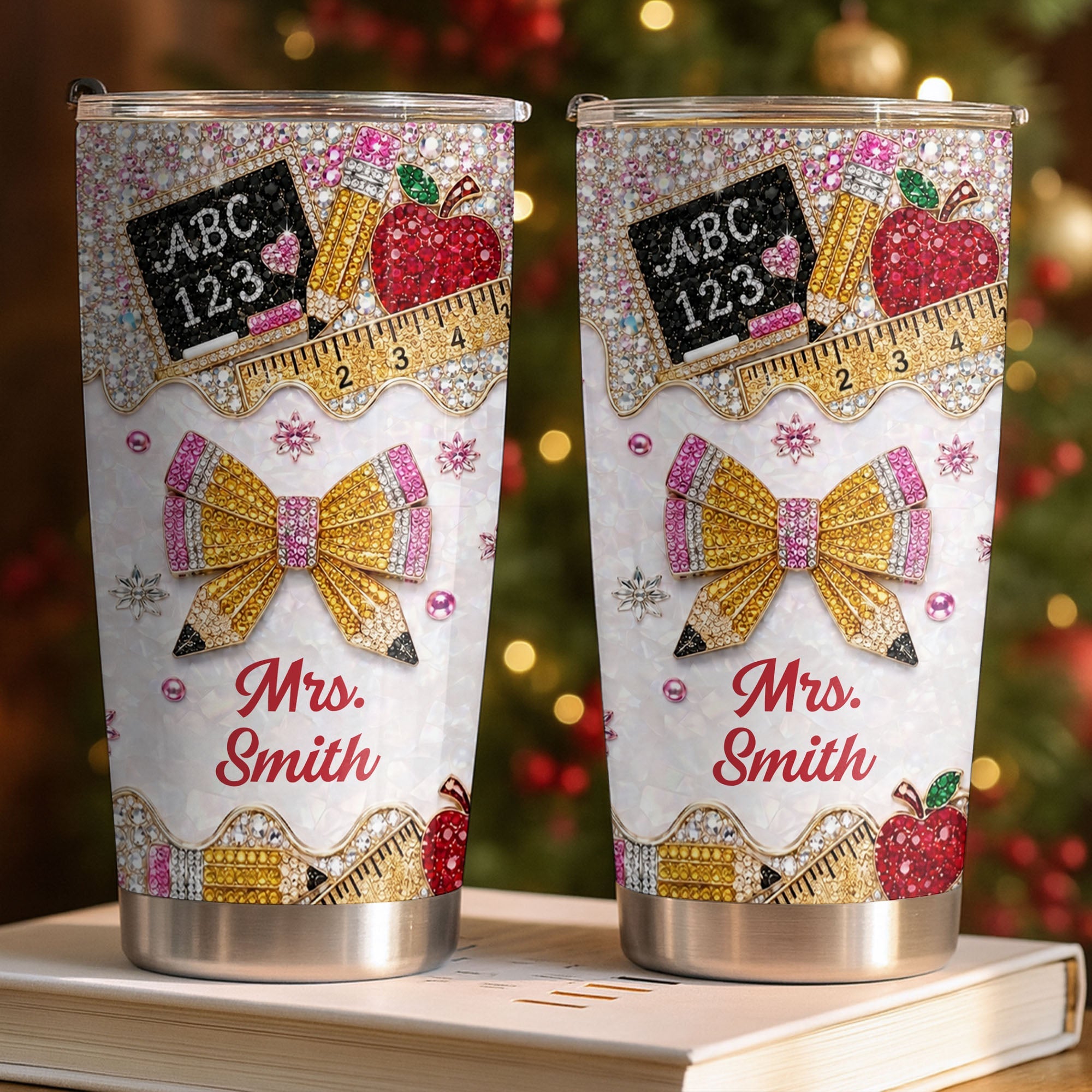 Personalized Teacher 20oz Tumbler Custom Name Rhinestone Apple 20oz Tumbler GradoCreations