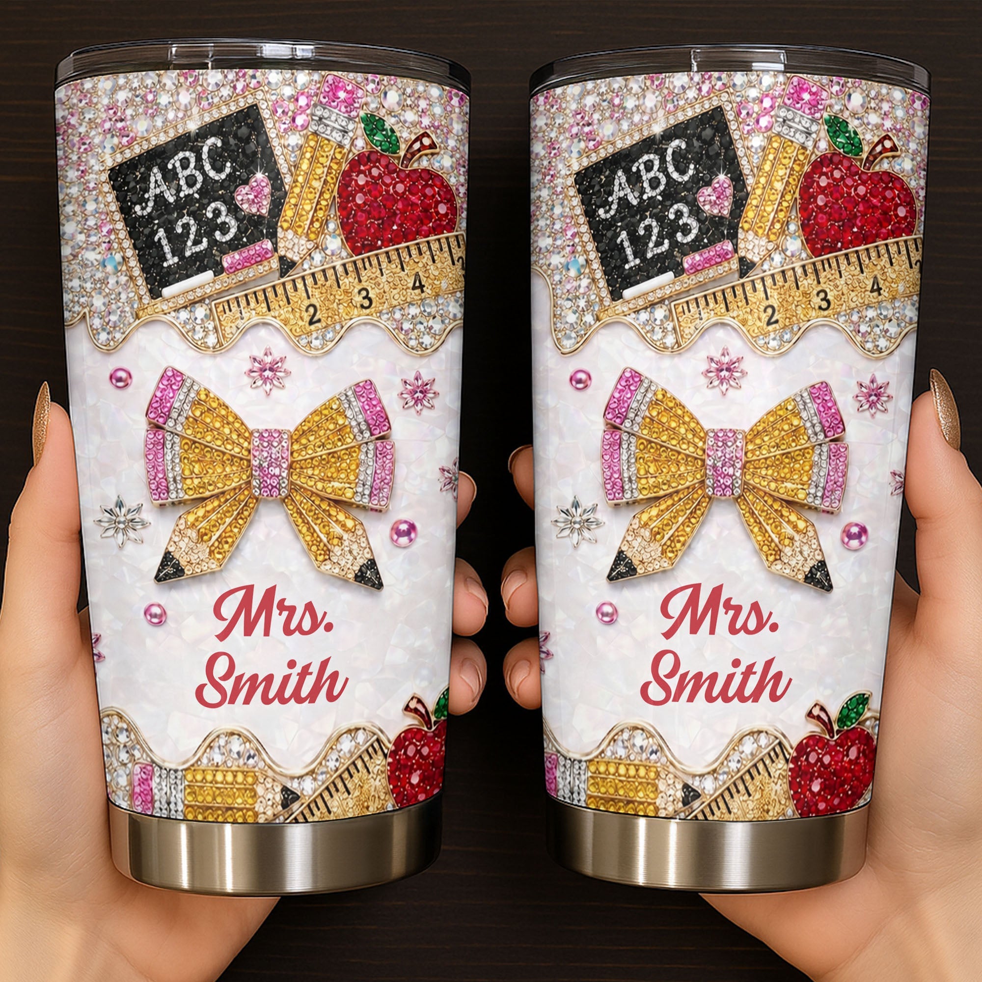 Personalized Teacher 20oz Tumbler Custom Name Rhinestone Apple 20oz Tumbler GradoCreations