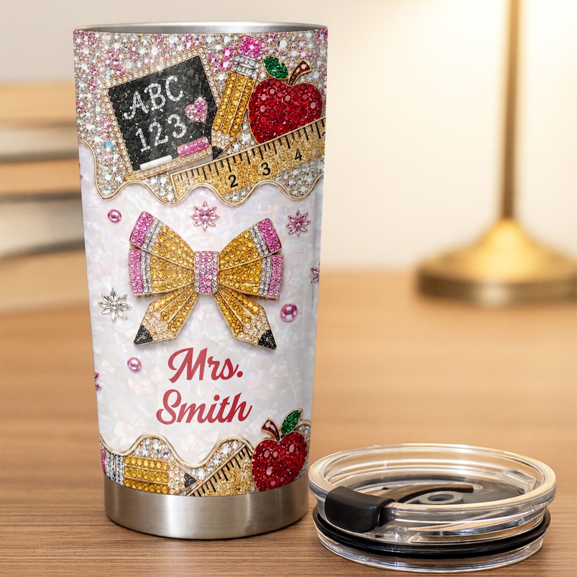 Personalized Teacher 20oz Tumbler Custom Name Rhinestone Apple 20oz Tumbler GradoCreations