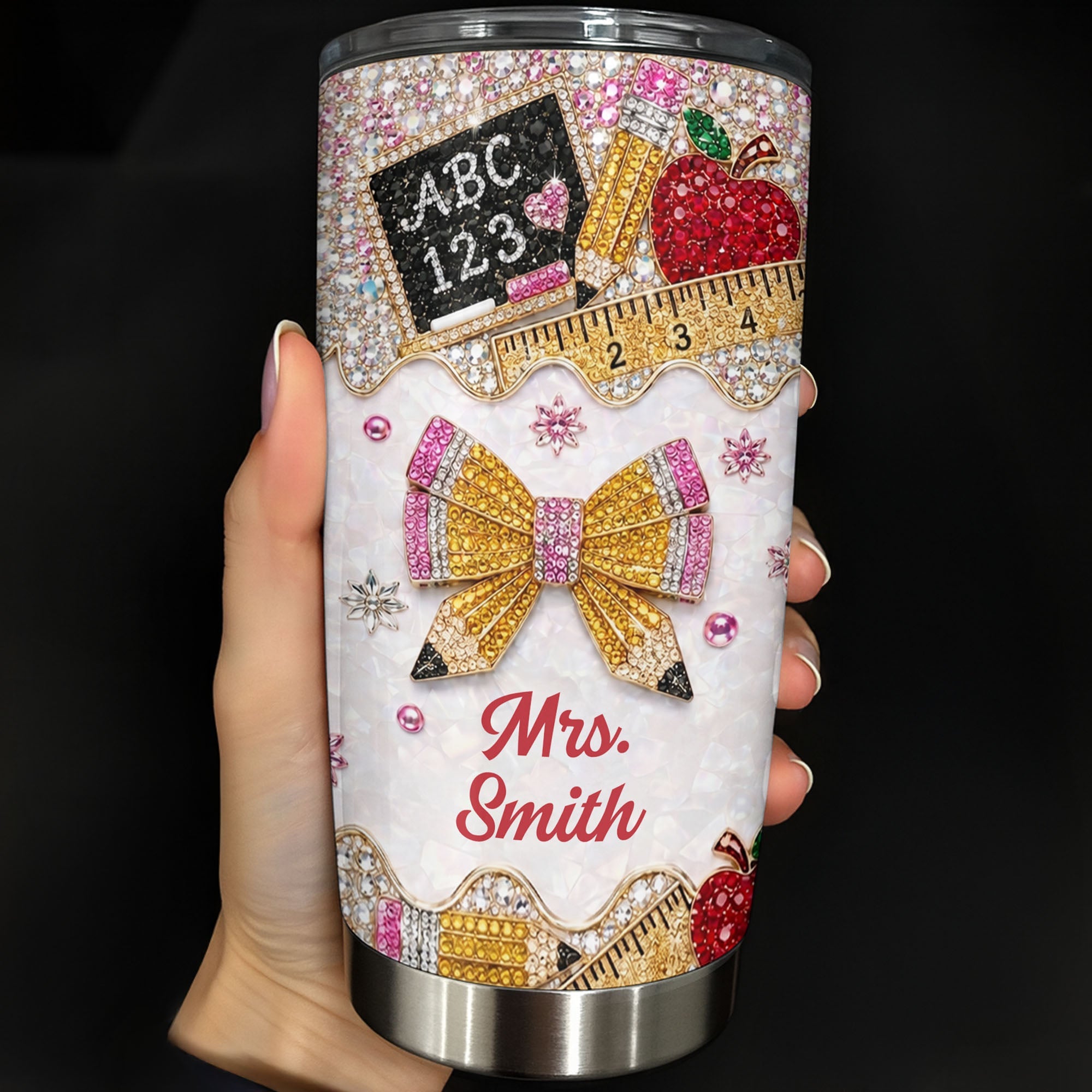 Personalized Teacher 20oz Tumbler Custom Name Rhinestone Apple 20oz Tumbler GradoCreations